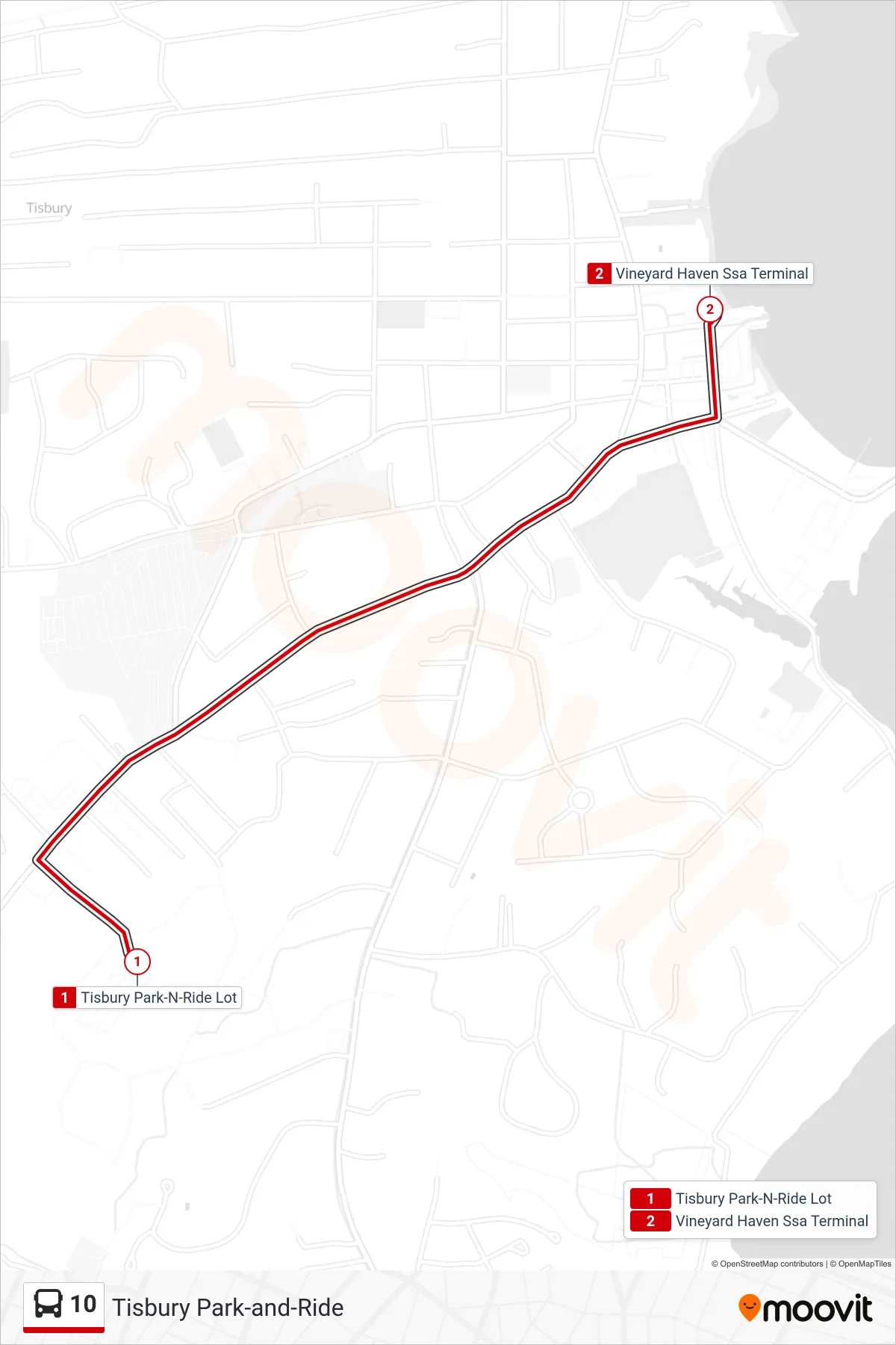 10 bus Line (Tisbury Park & Ride Lot) route and stops on a map