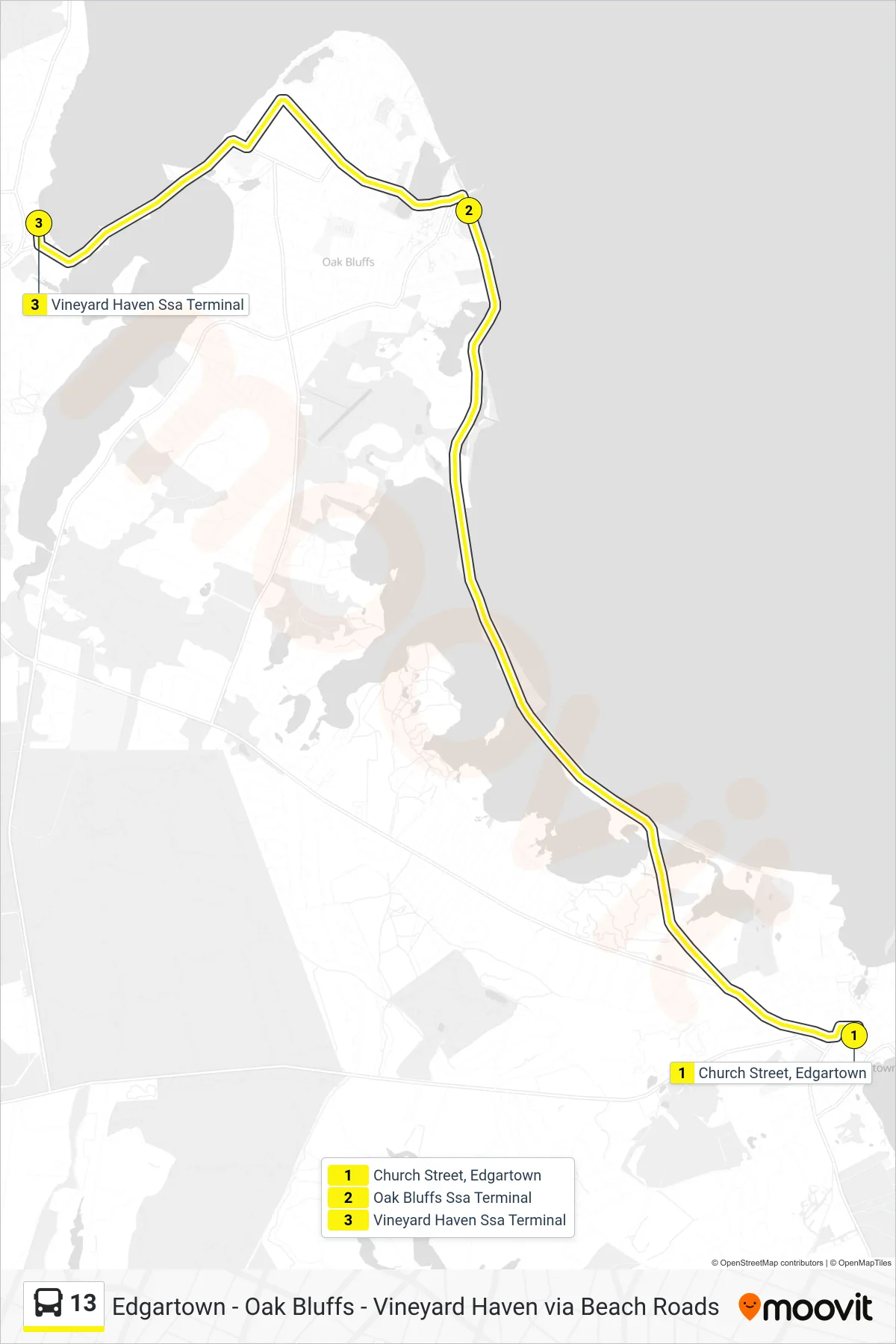 13 bus Line (Edgartown To Oak Bluffs To Vineyard Haven) route and stops on a map