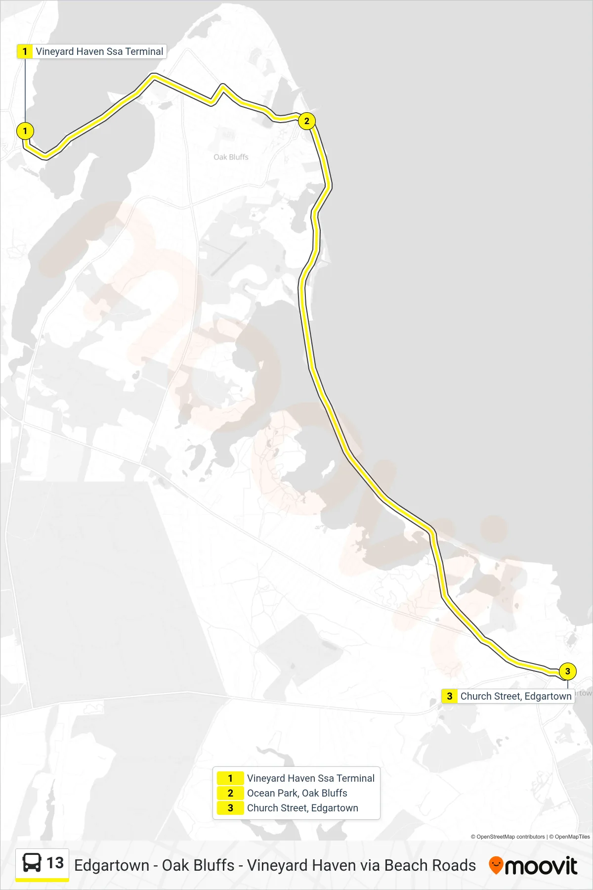 13 bus Line (Vineyard Haven To Oak Bluffs To Edgartown) route and stops on a map