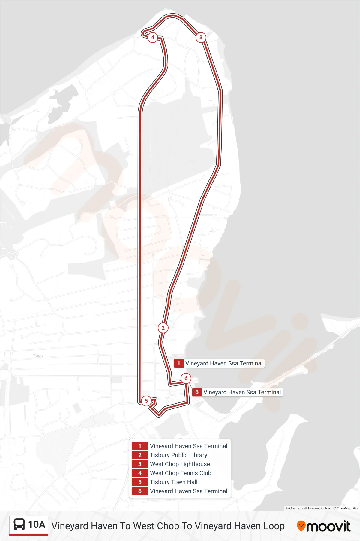 10A bus Line (Vineyard Haven To West Chop To Vineyard Haven Loop) route and stops on a map