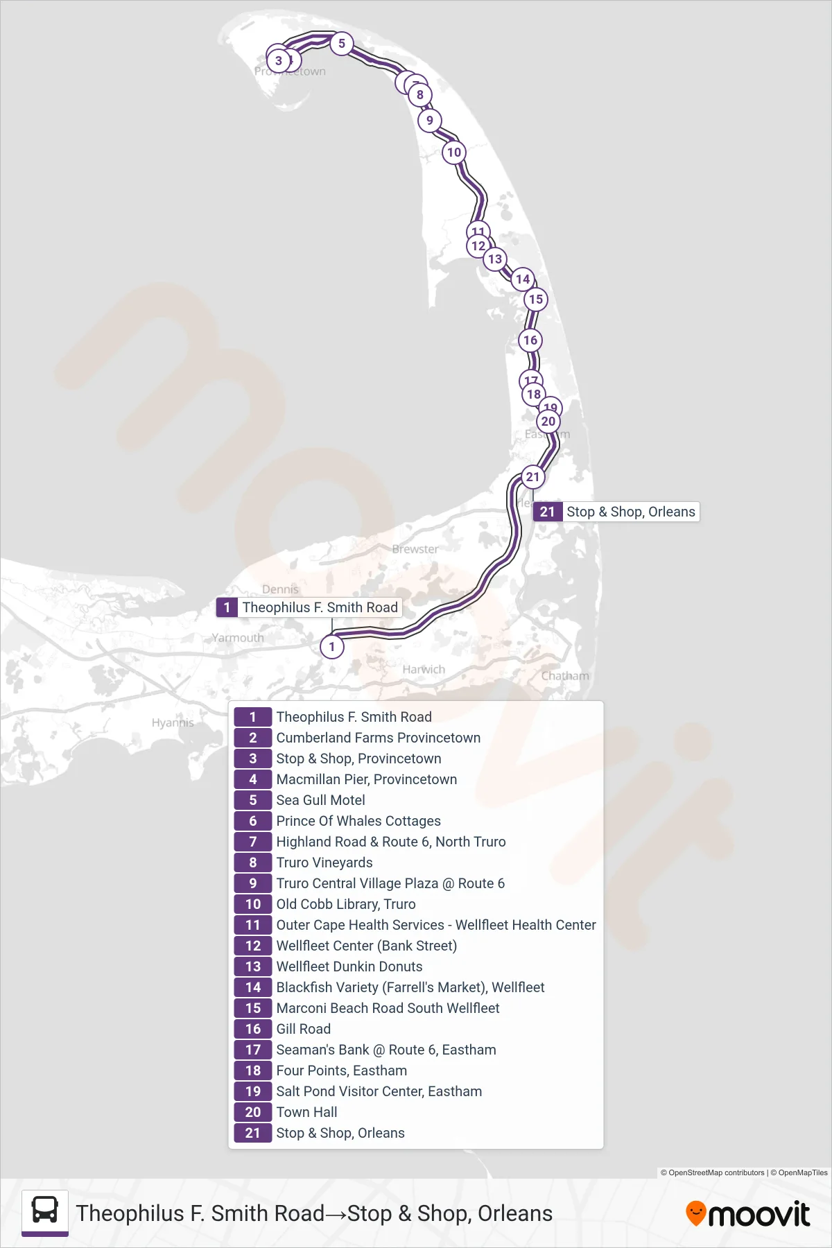 FLEX bus Line (Theophilus F. Smith Road→Stop & Shop, Orleans) route and stops on a map