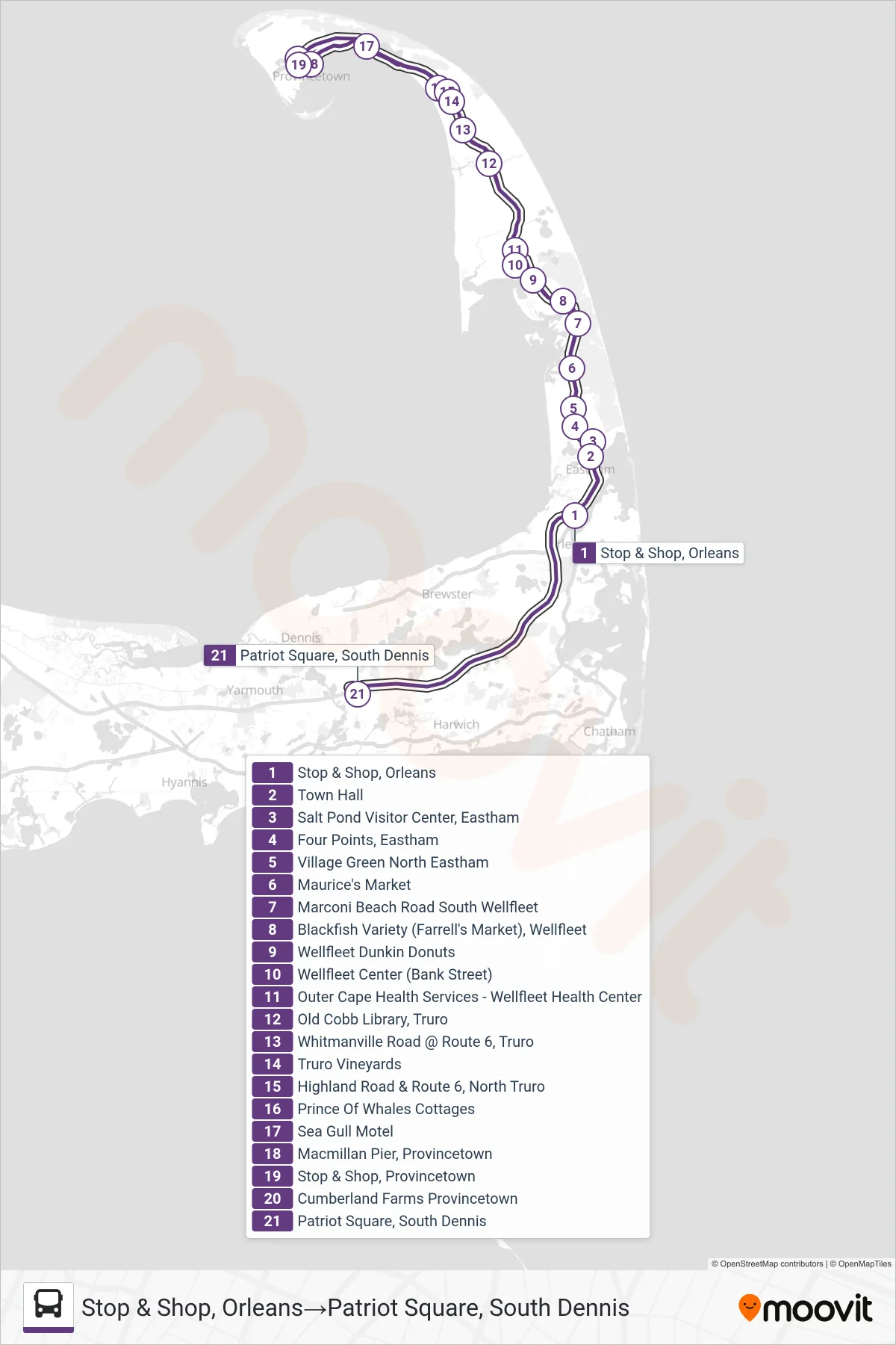 FLEX bus Line (Stop & Shop, Orleans→Patriot Square, South Dennis) route and stops on a map