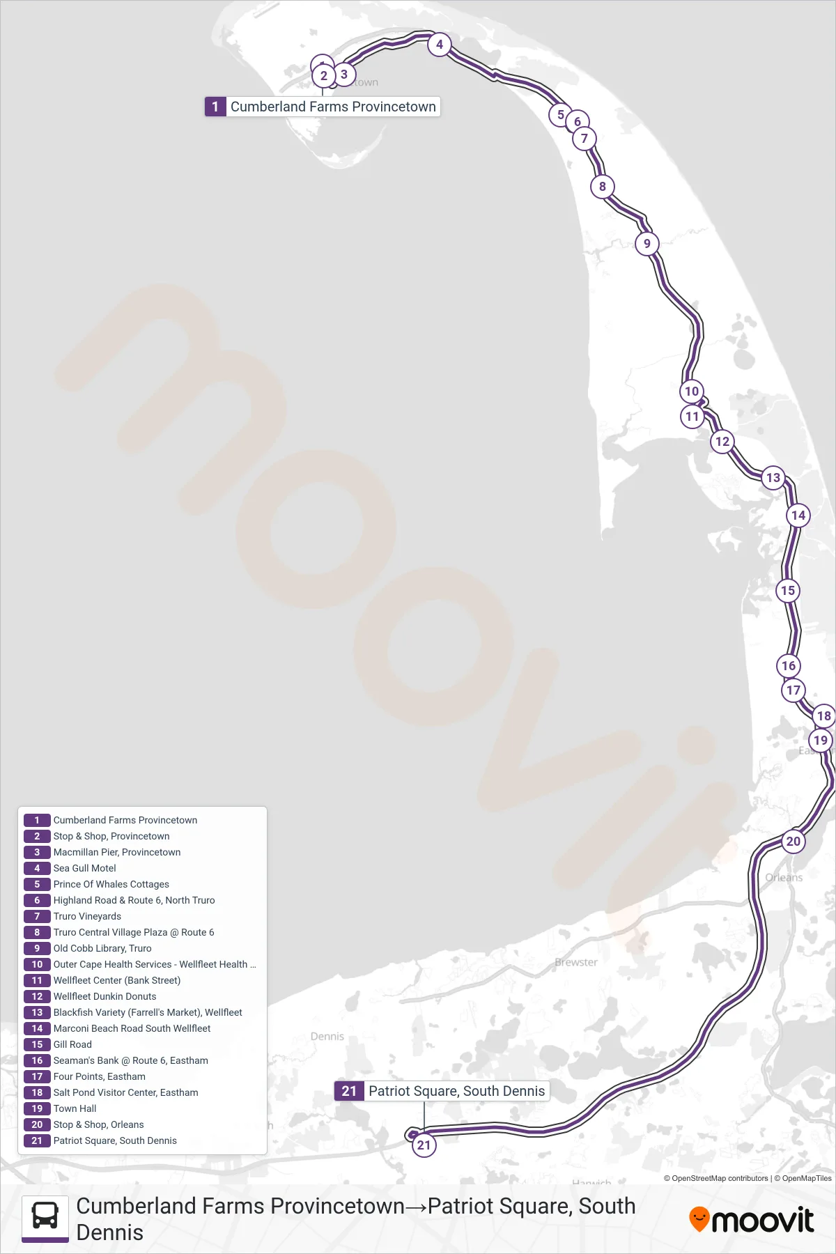 FLEX bus Line (Cumberland Farms Provincetown→Patriot Square, South Dennis) route and stops on a map