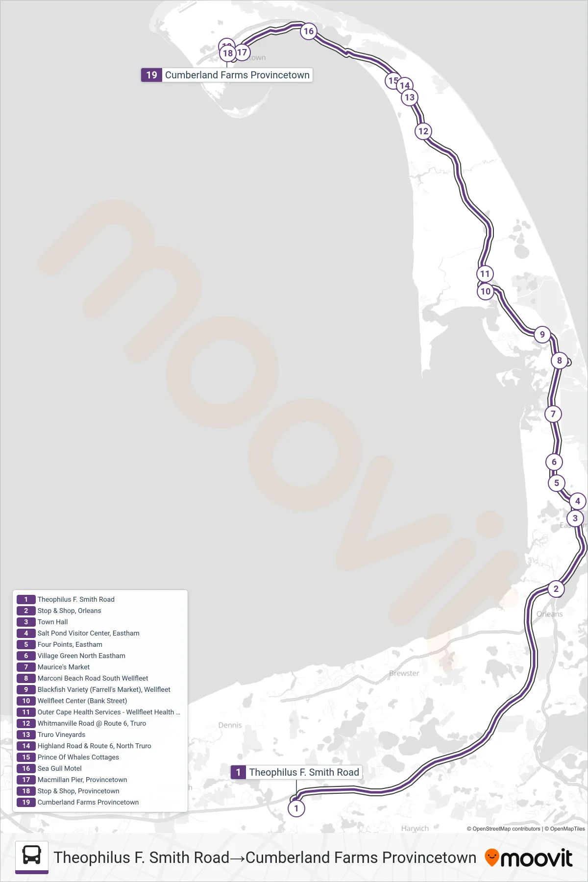 FLEX bus Line (Theophilus F. Smith Road→Cumberland Farms Provincetown) route and stops on a map