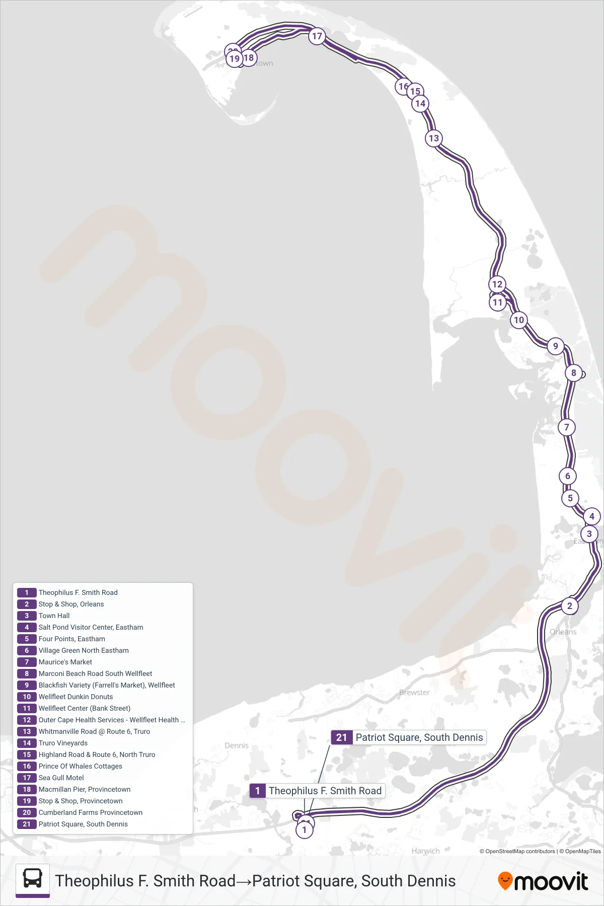 FLEX bus Line (Theophilus F. Smith Road→Patriot Square, South Dennis) route and stops on a map