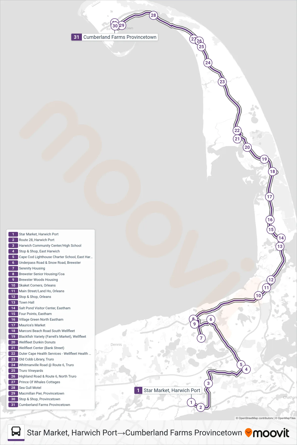FLEX bus Line (Star Market, Harwich Port→Cumberland Farms Provincetown) route and stops on a map