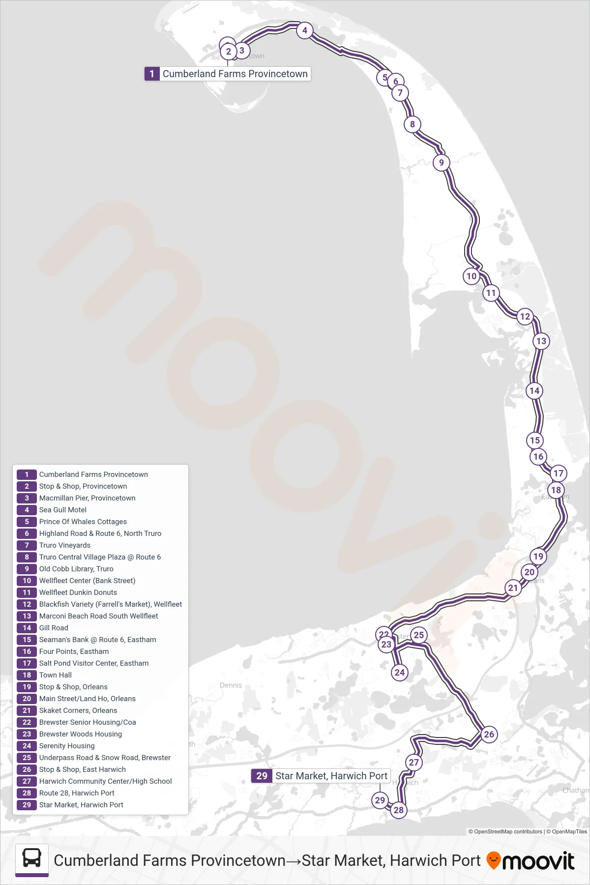 FLEX bus Line (Cumberland Farms Provincetown→Star Market, Harwich Port) route and stops on a map