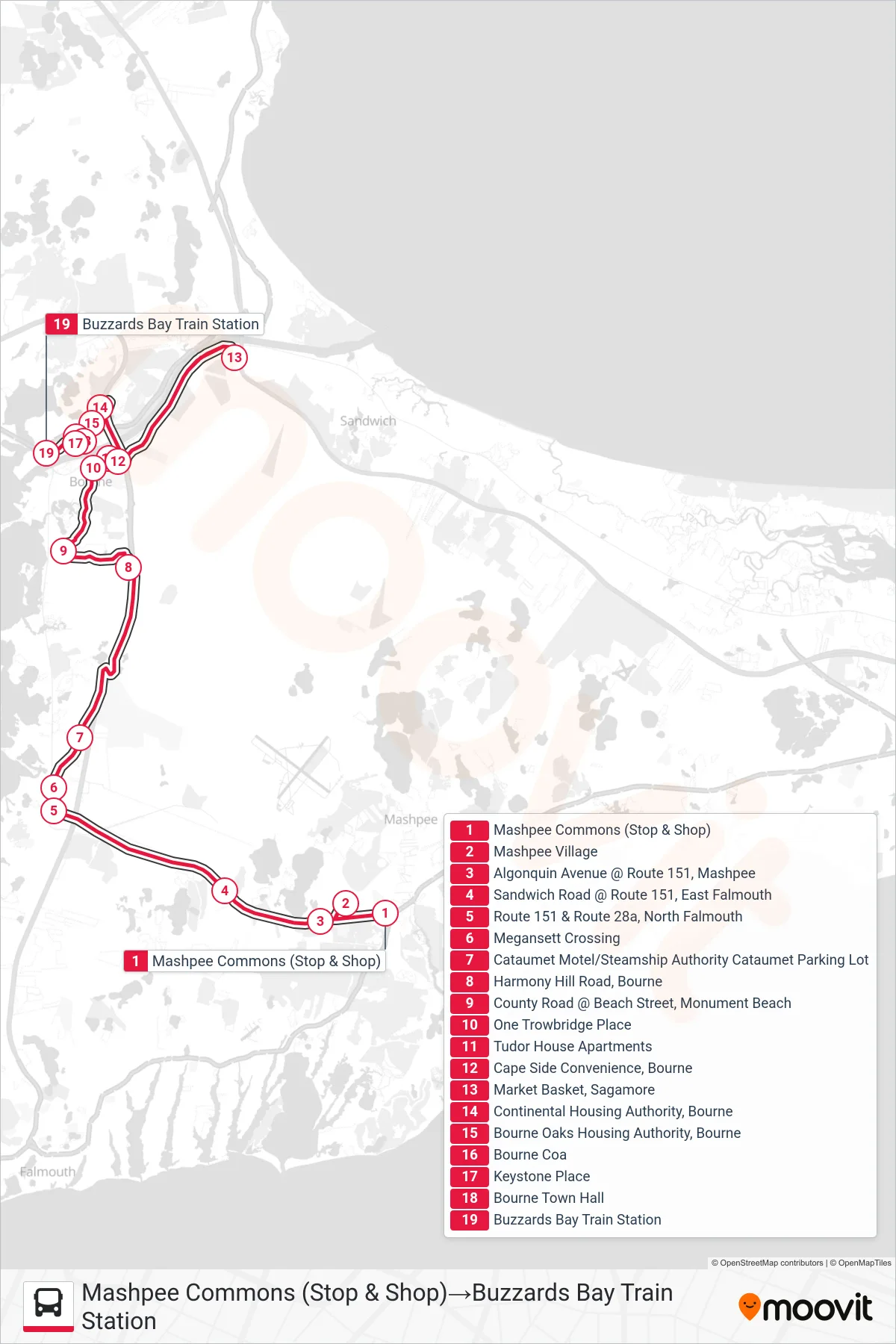 BOURNE RUN bus Line (Mashpee Commons (Stop & Shop)→Buzzards Bay Train Station) route and stops on a map