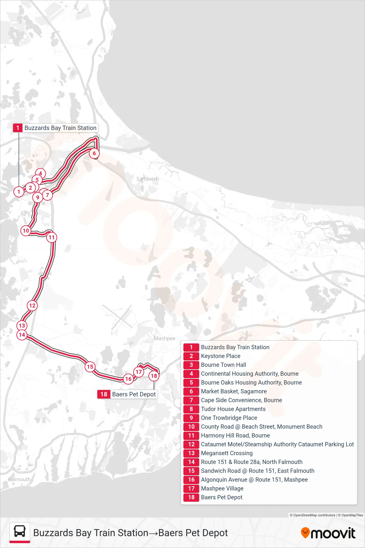 BOURNE RUN bus Line (Buzzards Bay Train Station→Baers Pet Depot) route and stops on a map