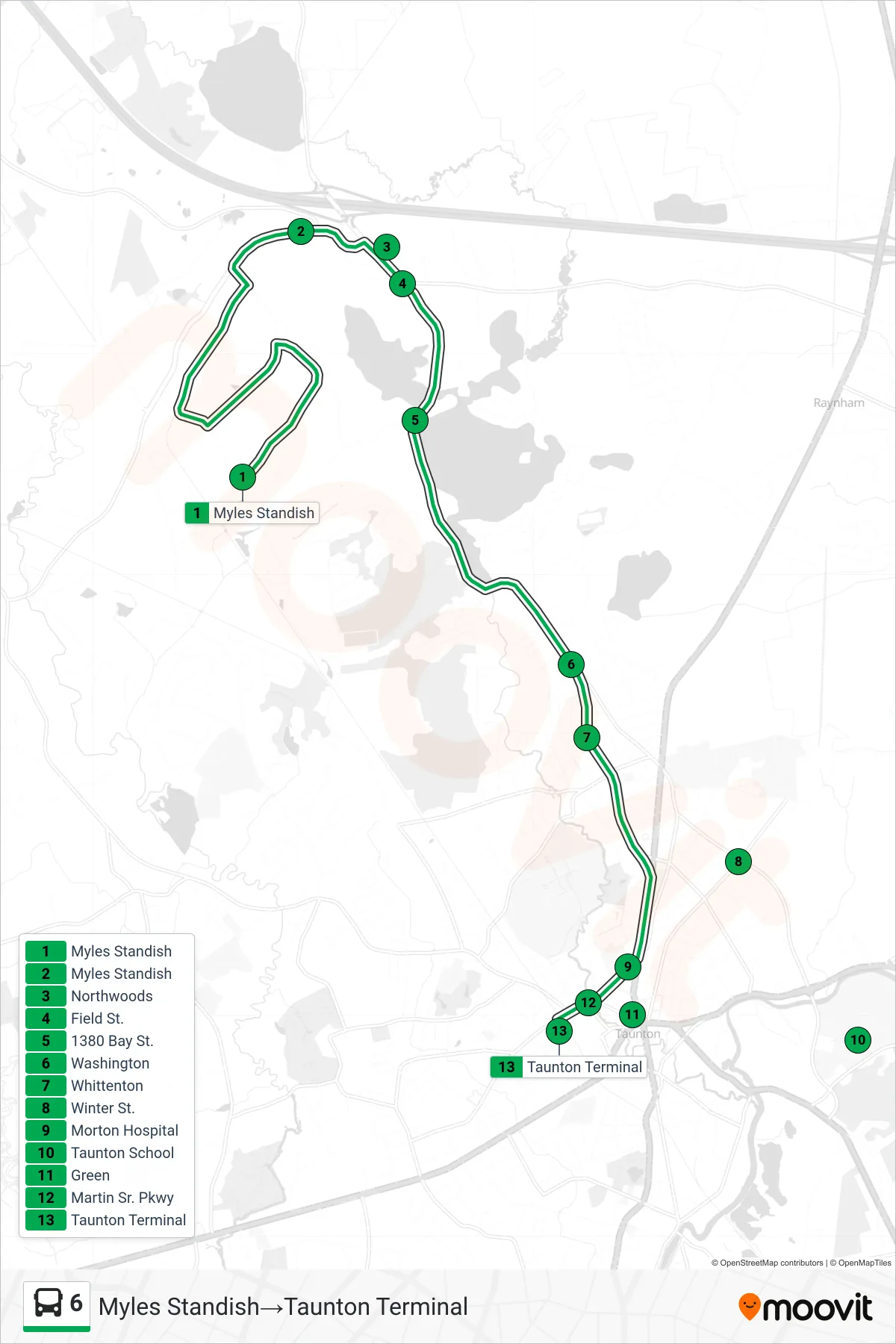 6 bus Line (Myles Standish→Taunton Terminal) route and stops on a map