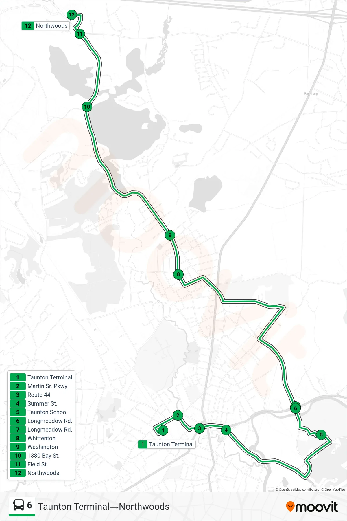 6 bus Line (Taunton Terminal→Northwoods) route and stops on a map