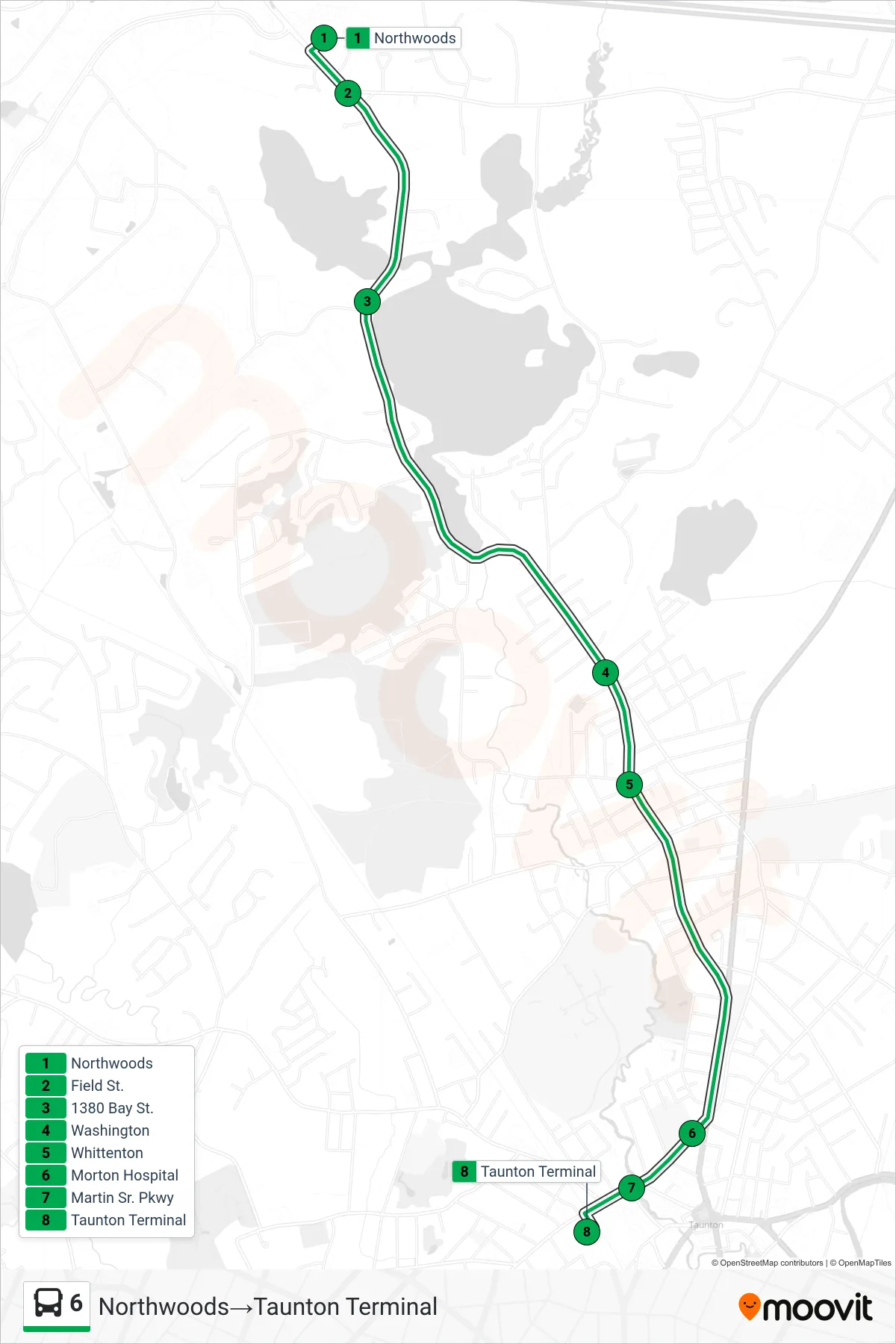 6 bus Line (Northwoods→Taunton Terminal) route and stops on a map