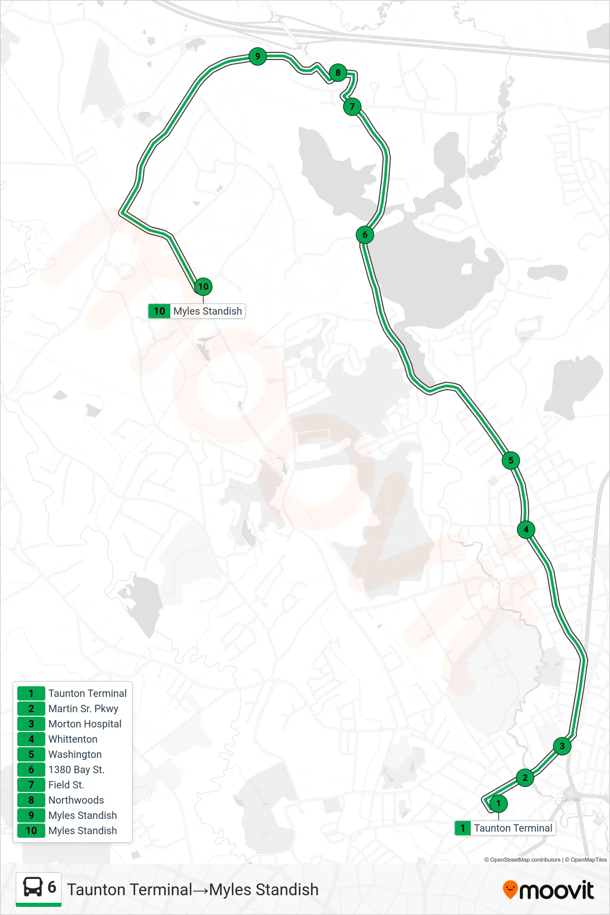 6 bus Line (Taunton Terminal→Myles Standish) route and stops on a map