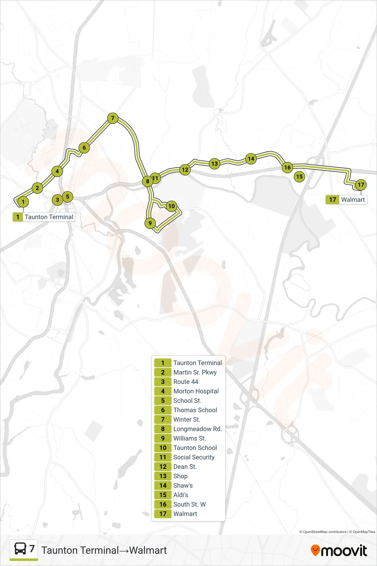 7 bus Line (Taunton Terminal→Walmart) route and stops on a map