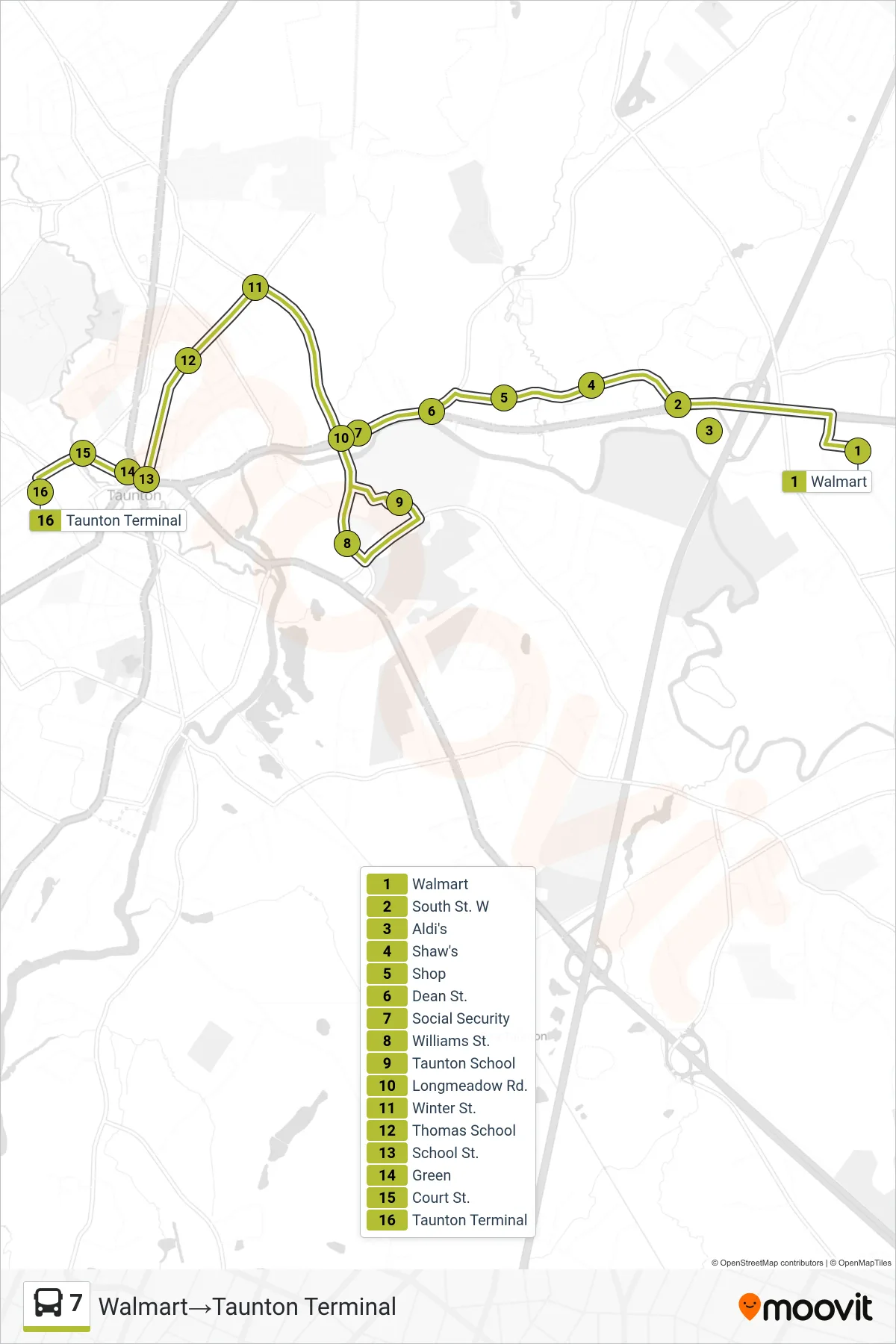 7 bus Line (Walmart‎→Taunton Terminal) route and stops on a map