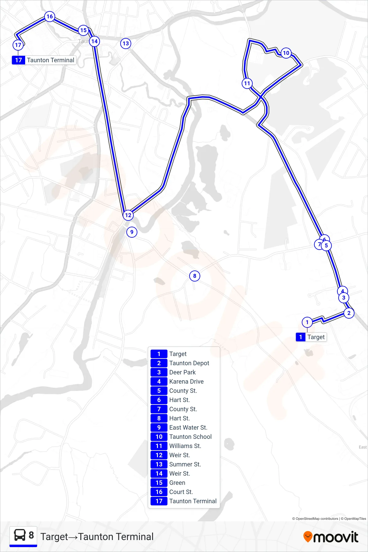 8 bus Line (Target→Taunton Terminal) route and stops on a map