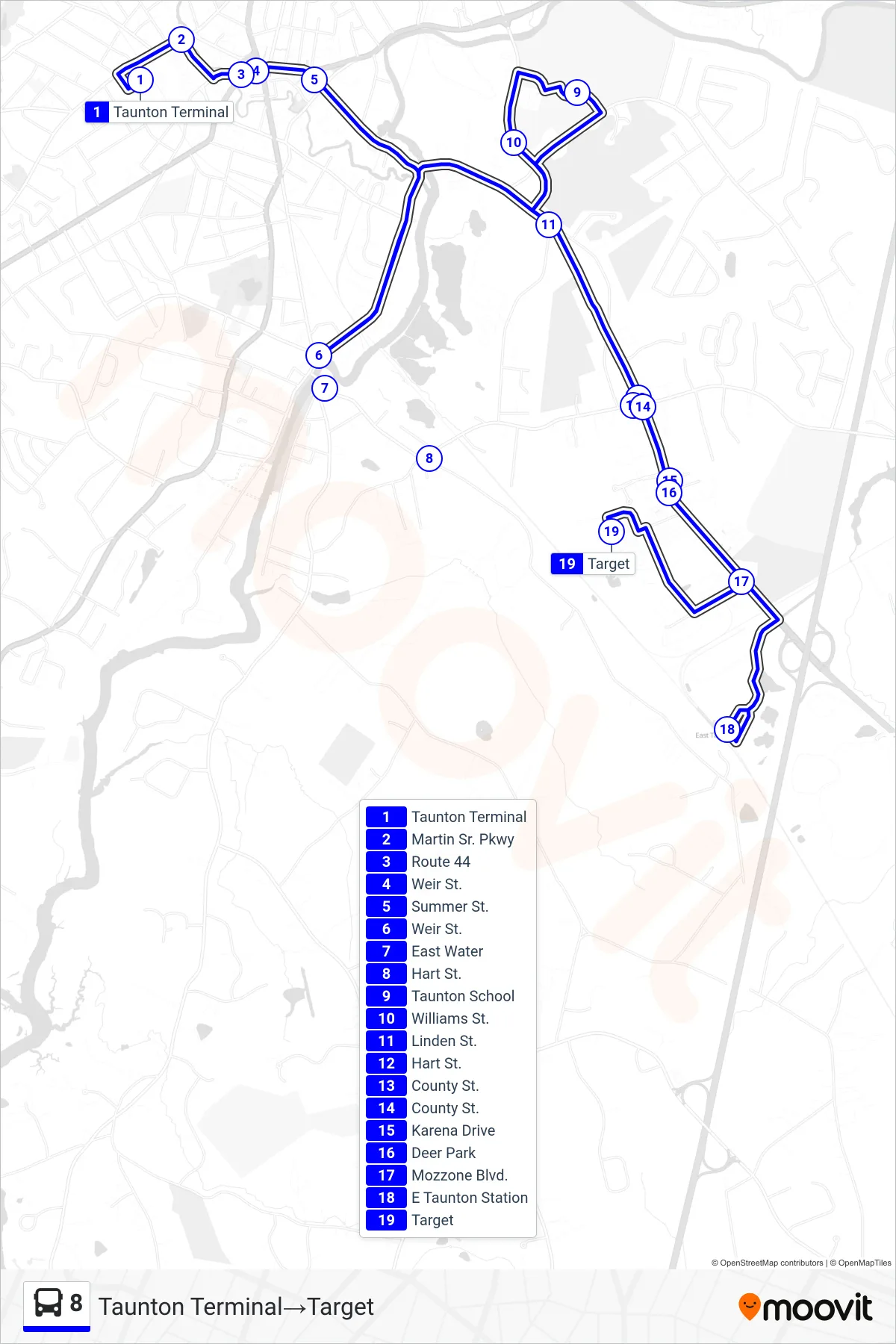 8 bus Line (Taunton Terminal→Target) route and stops on a map