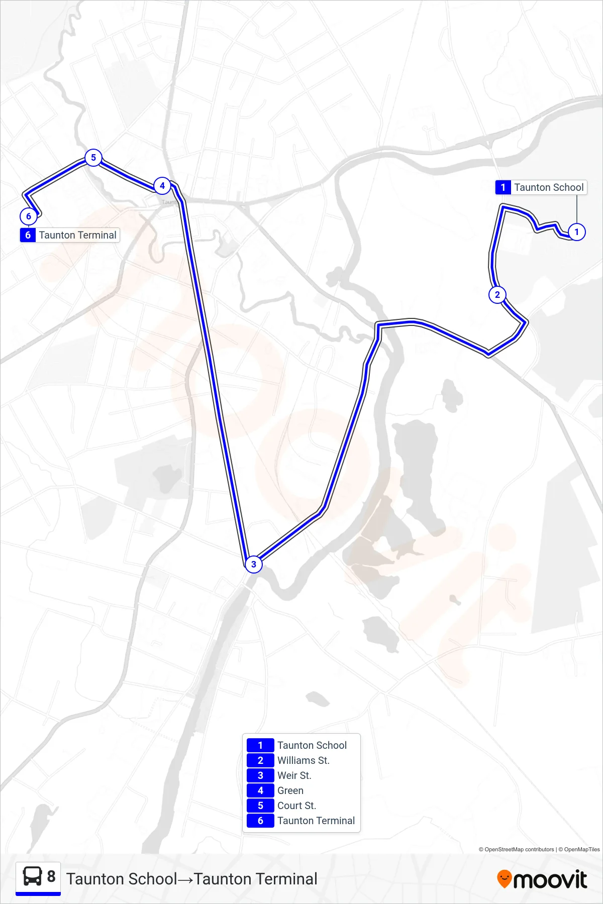 8 bus Line (Taunton School→Taunton Terminal) route and stops on a map