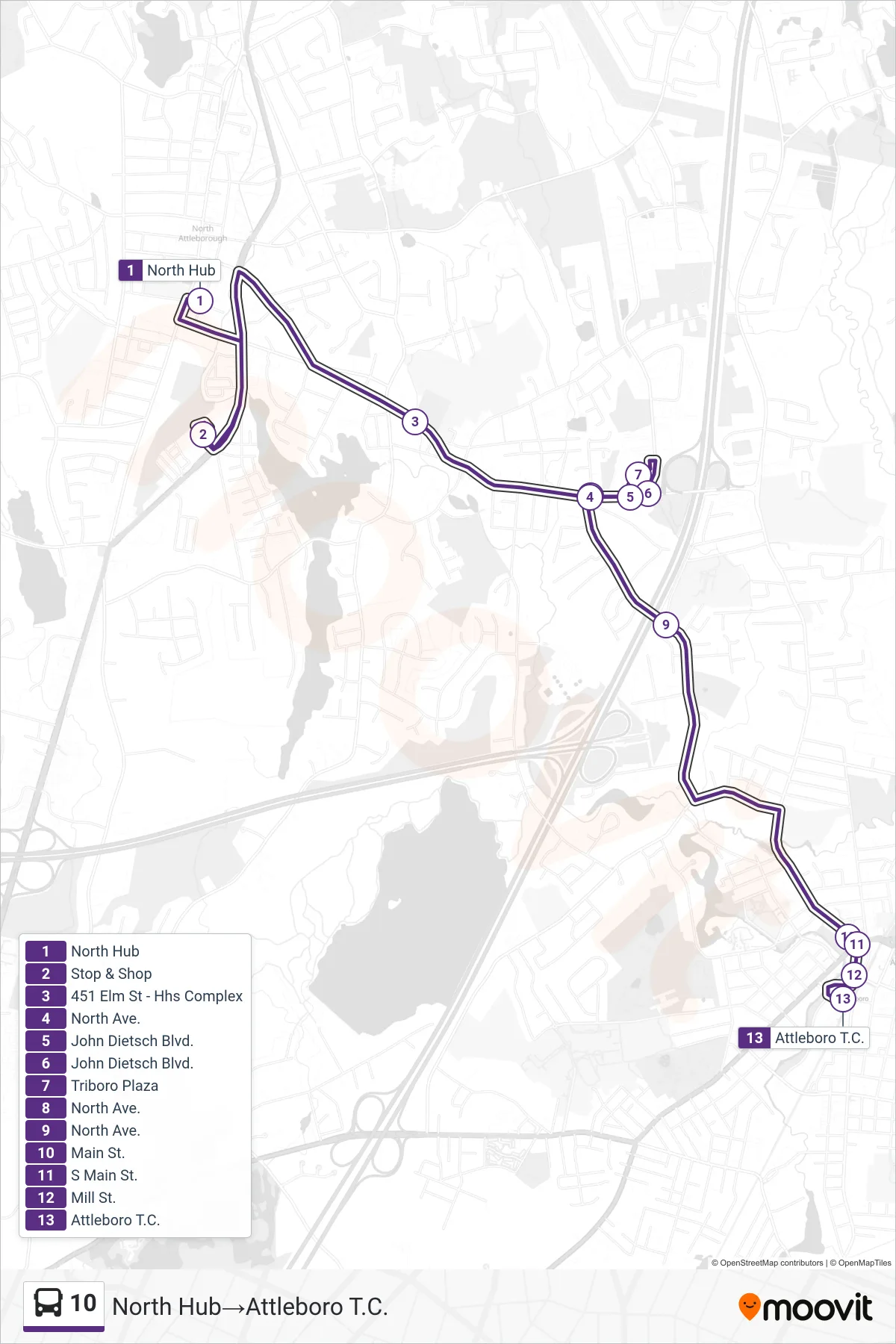 10 bus Line (North Hub→Attleboro T.C.) route and stops on a map