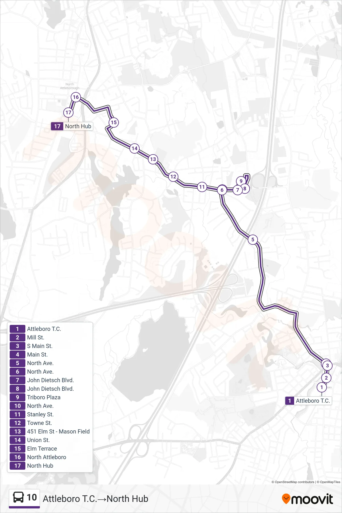 10 bus Line (Attleboro T.C.→North Hub) route and stops on a map