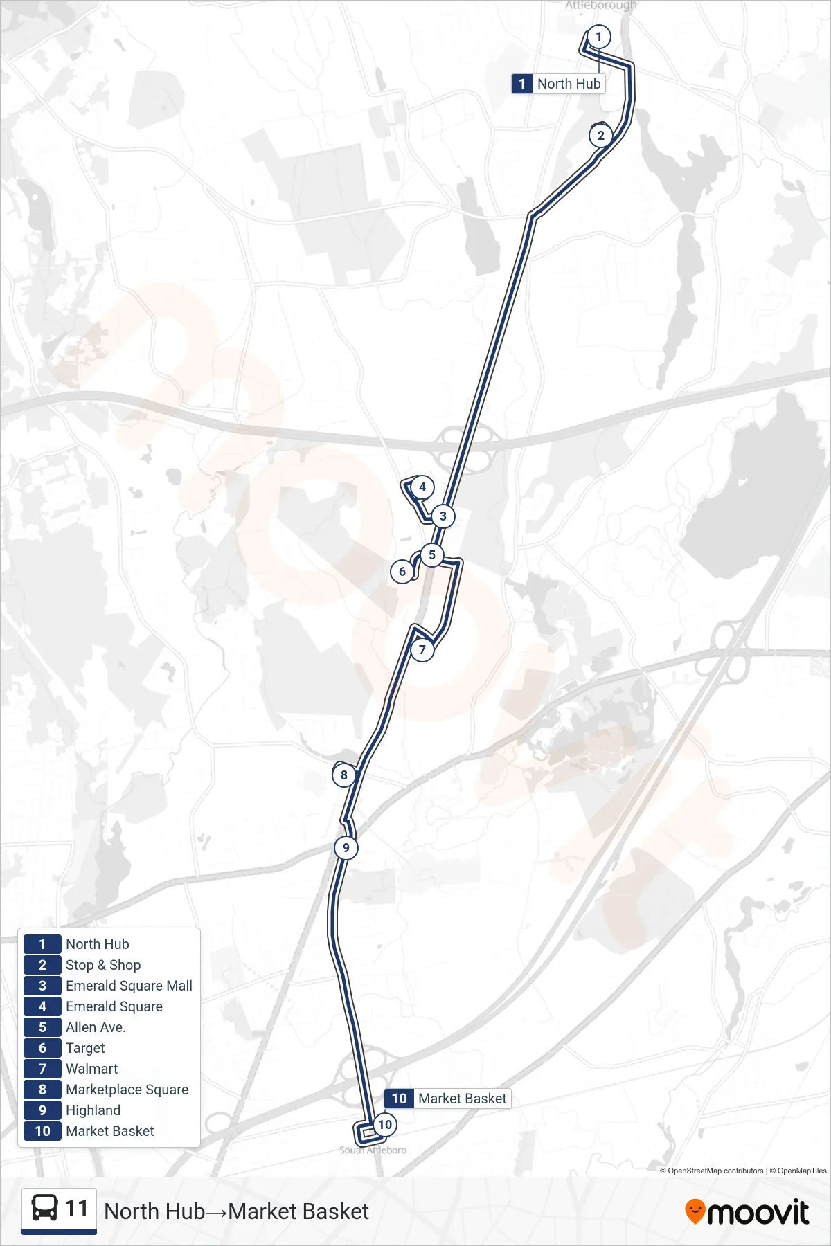 11 bus Line (North Hub‎→Market Basket) route and stops on a map