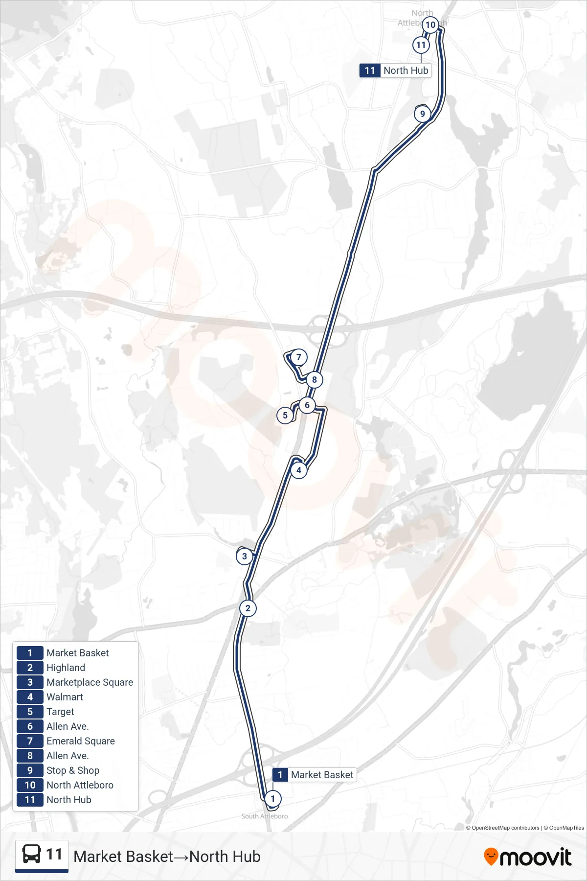 11 bus Line (Market Basket→North Hub) route and stops on a map