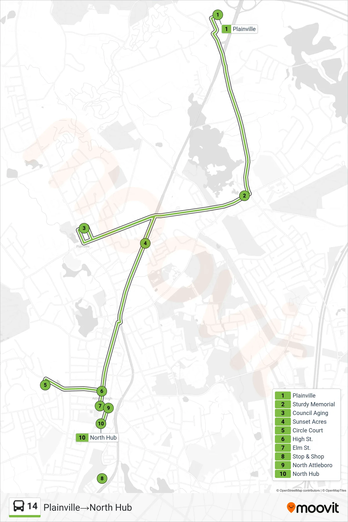 14 bus Line (Plainville→North Hub) route and stops on a map