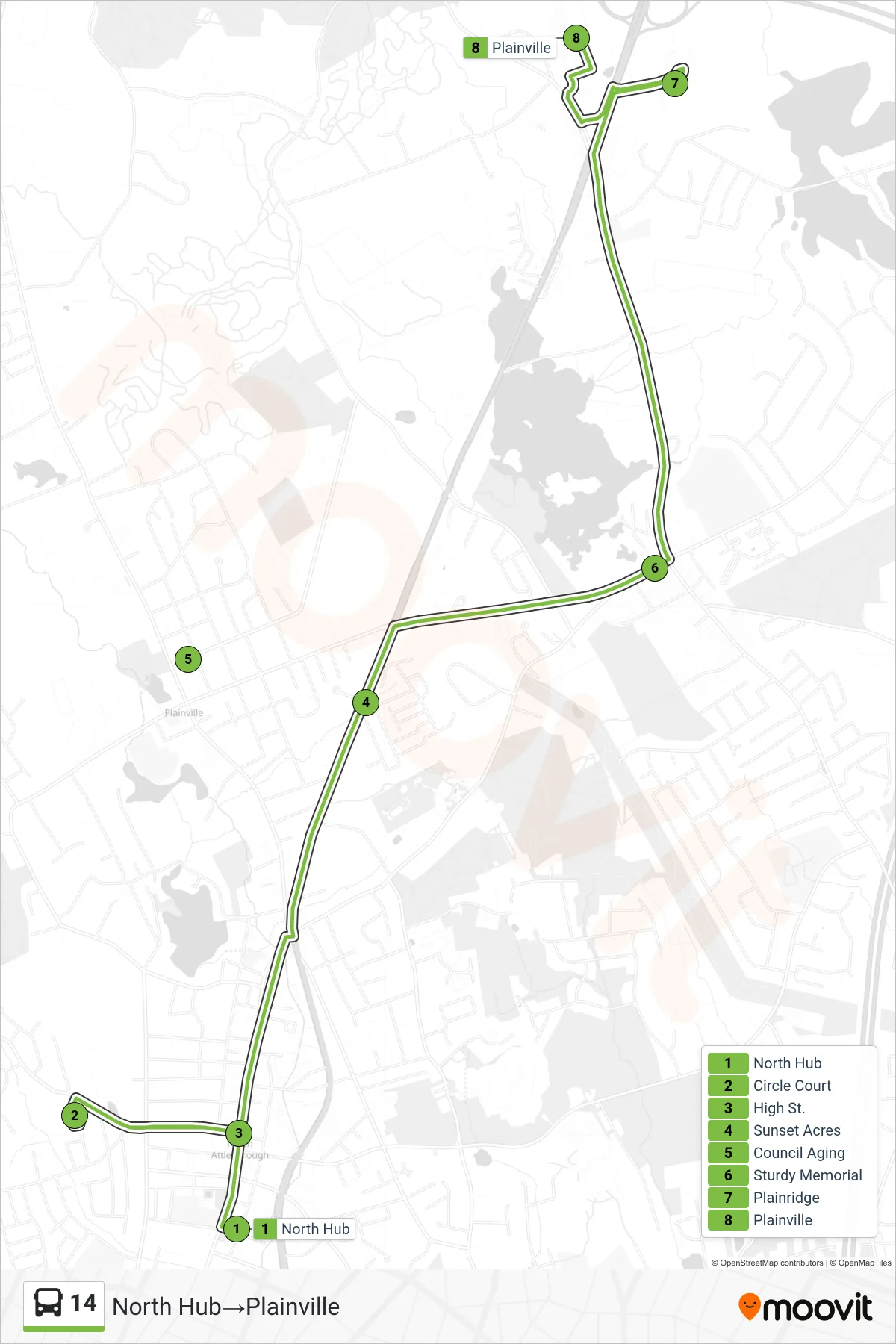 14 bus Line (North Hub→Plainville) route and stops on a map