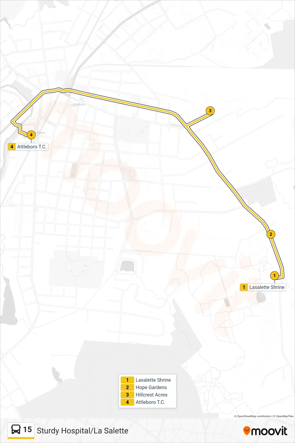 15 bus Line (Lasalette Shrine‎→Attleboro T.C.) route and stops on a map