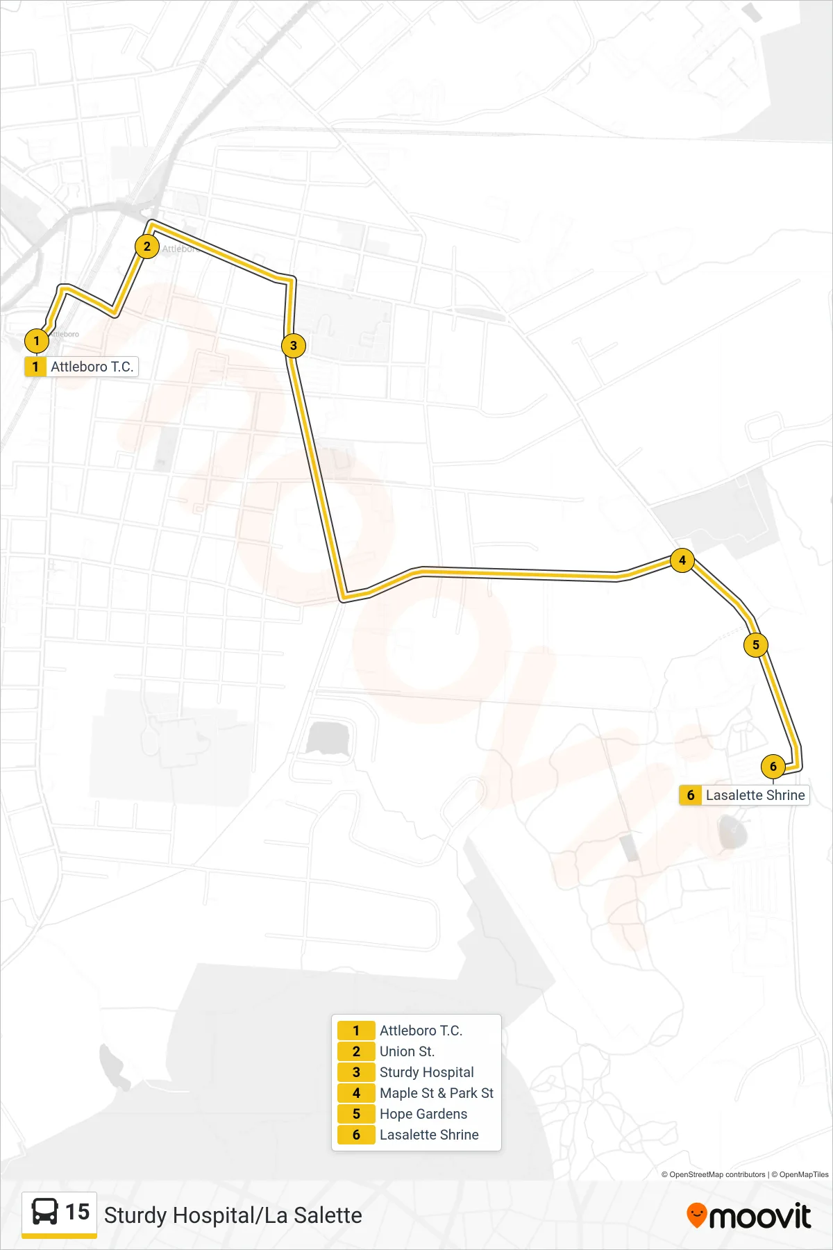 15 bus Line (Attleboro T.C.‎→Lasalette Shrine) route and stops on a map