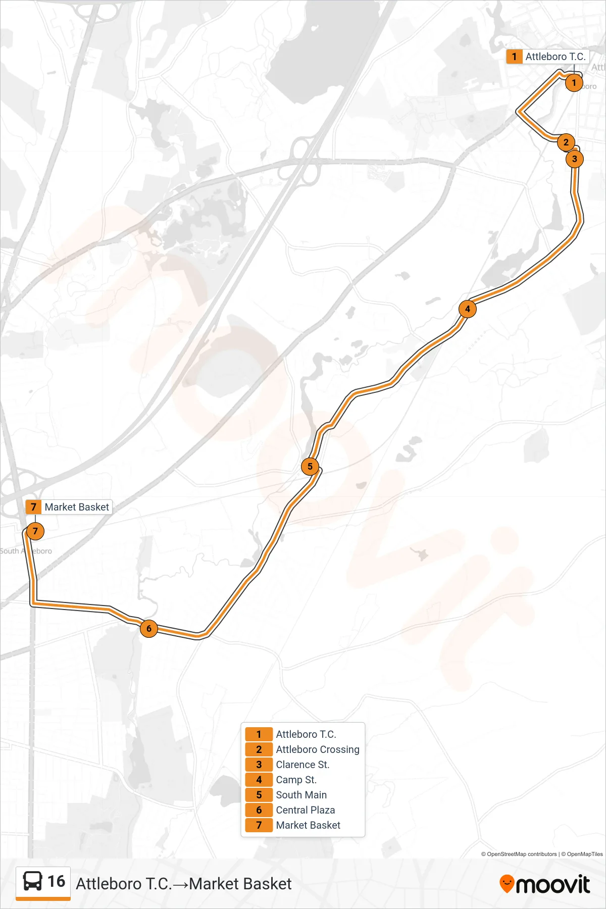 16 bus Line (Attleboro T.C.‎→Market Basket) route and stops on a map
