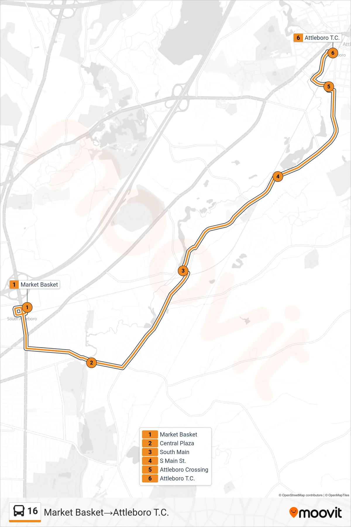 16 bus Line (Market Basket→Attleboro T.C.) route and stops on a map