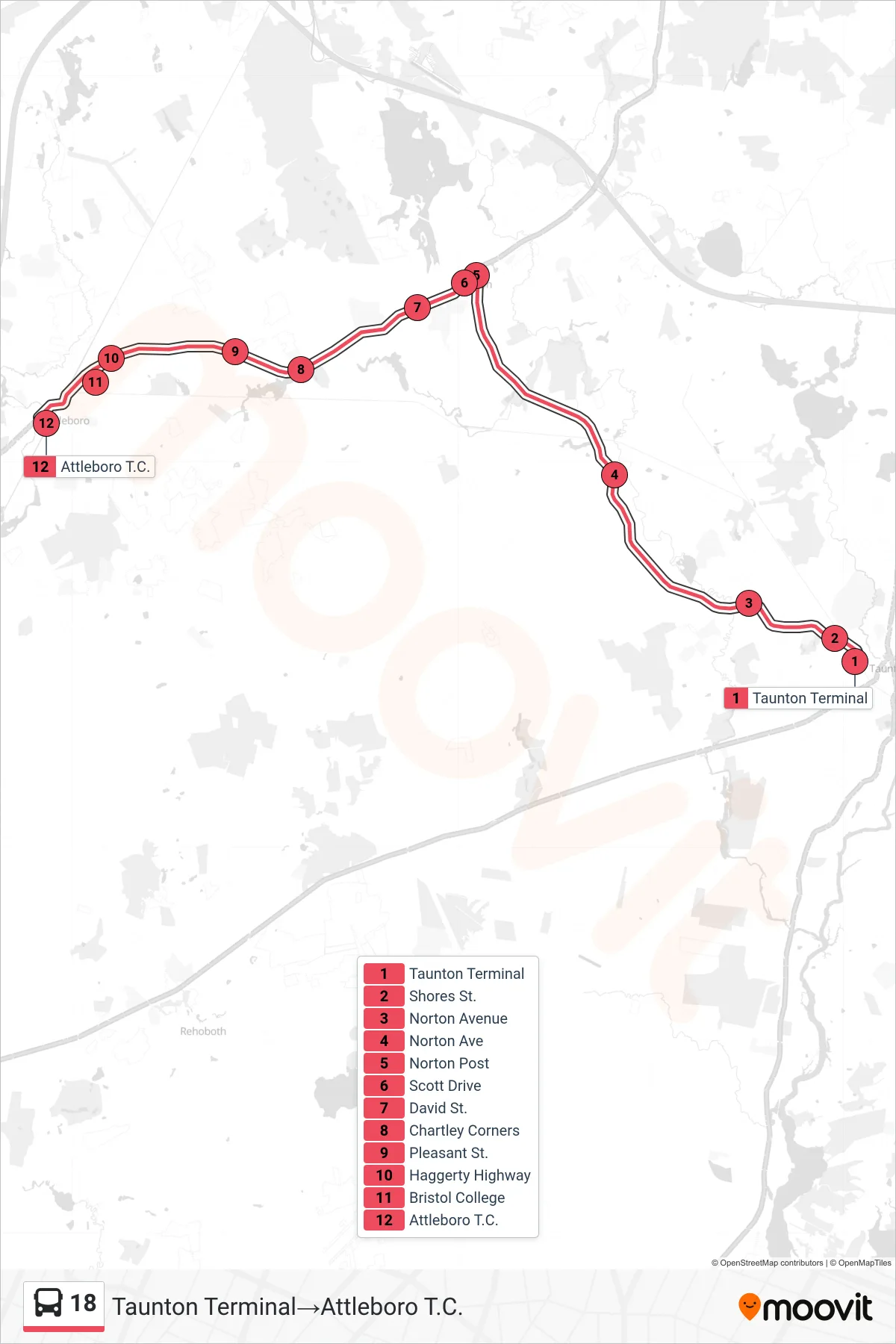 18 bus Line (Taunton Terminal→Attleboro T.C.) route and stops on a map