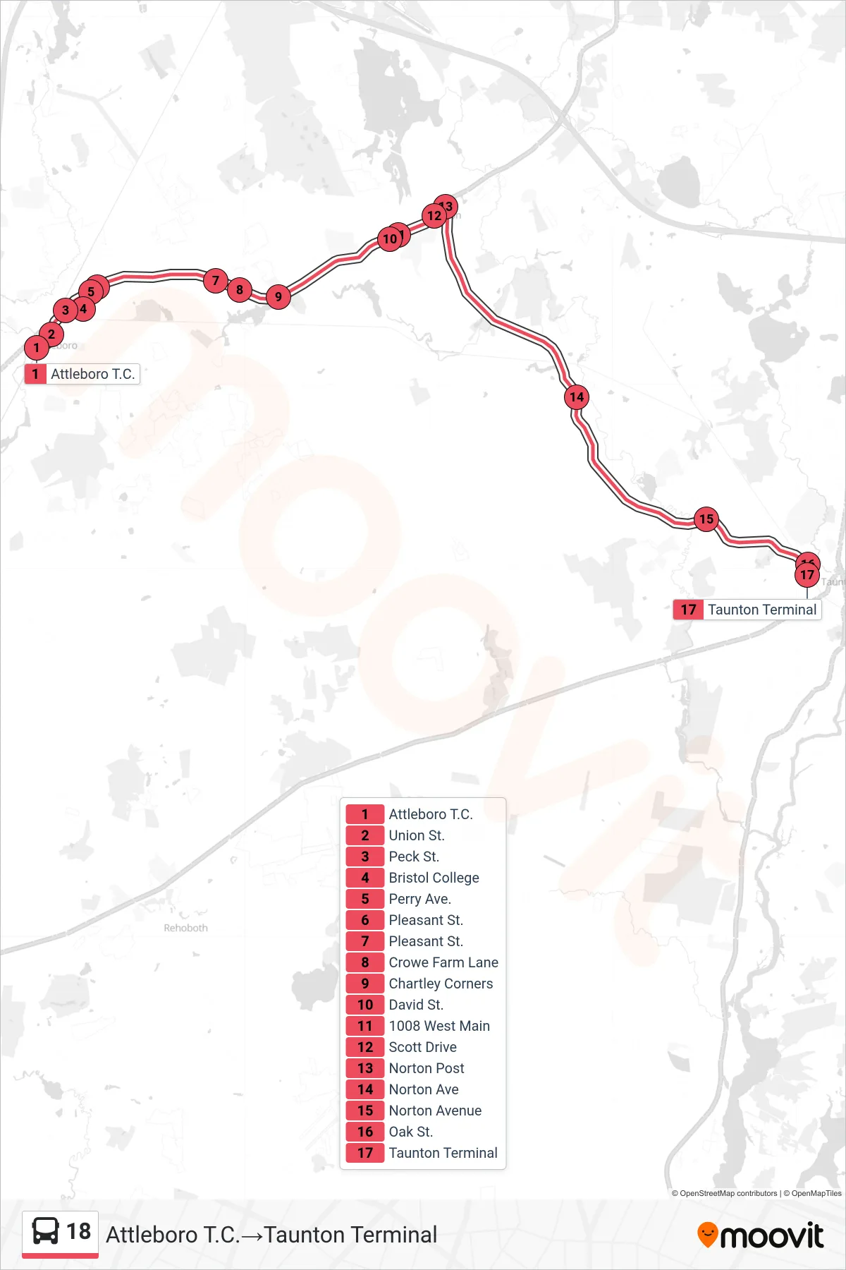 18 bus Line (Attleboro T.C.→Taunton Terminal) route and stops on a map