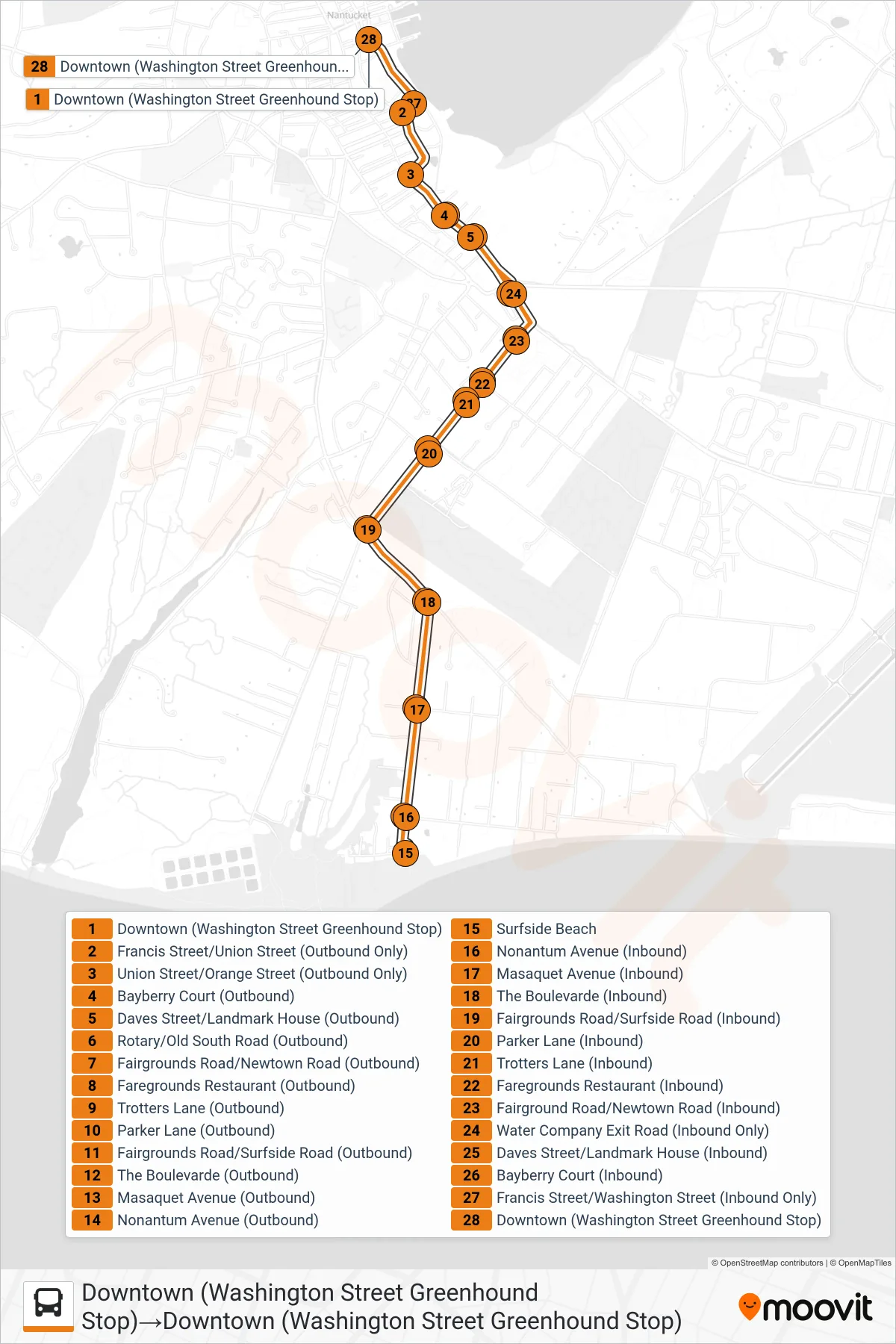SURFSIDE BEACH ROUTE bus Line (Downtown (Washington Street Greenhound Stop)‎→Downtown (Washington Street Greenhound Stop)) route and stops on a map