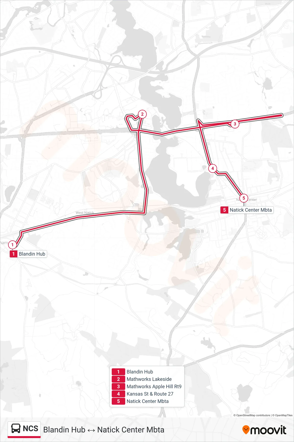 NCS bus Line (Blandin Hub‎→Natick Center Mbta) route and stops on a map