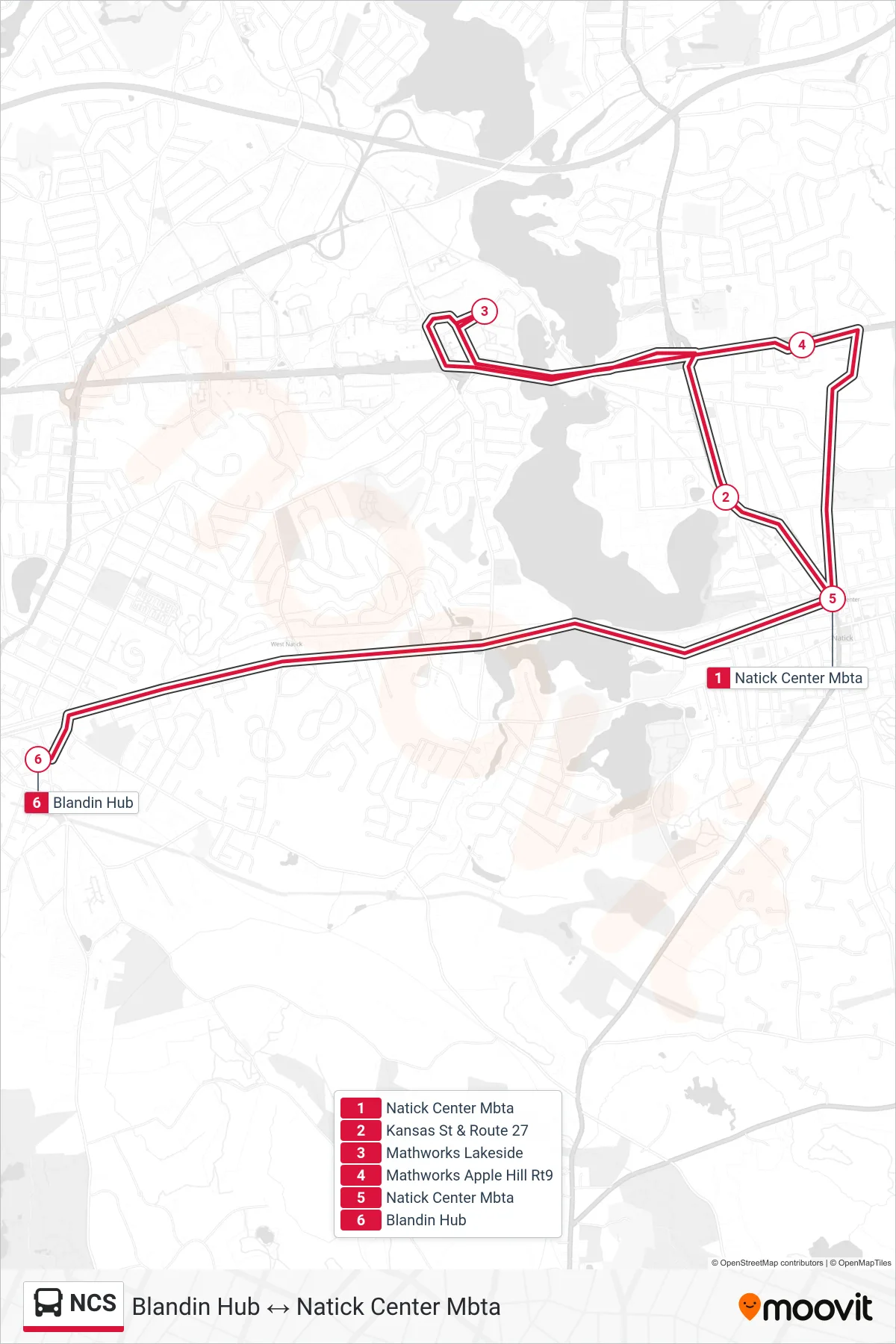 NCS bus Line (Natick Center Mbta→Blandin Hub) route and stops on a map