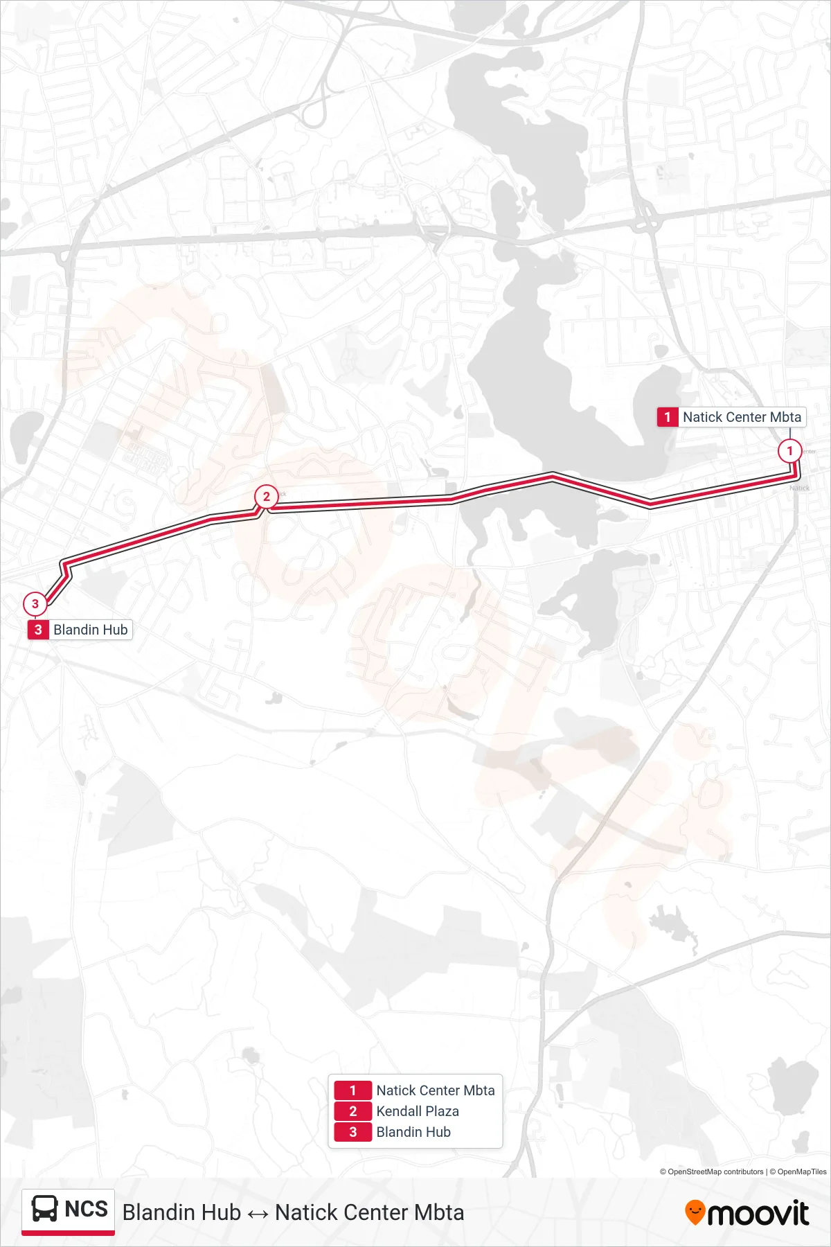 NCS bus Line (Natick Center Mbta→Blandin Hub) route and stops on a map