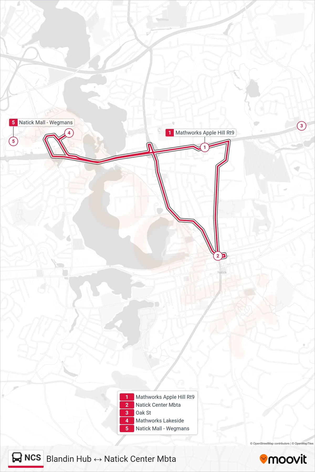 NCS bus Line (Natick Center Mbta→Natick Center Mbta) route and stops on a map