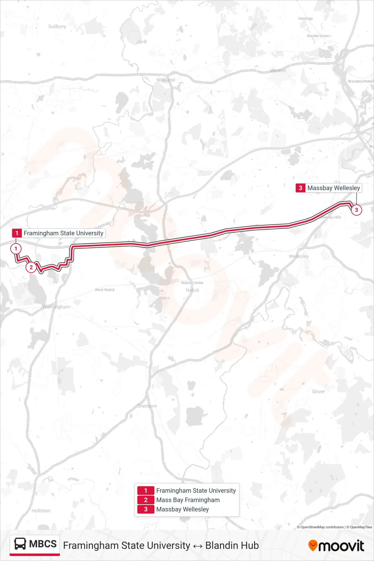 MBCS bus Line (Framingham State University→Massbay Wellesley) route and stops on a map