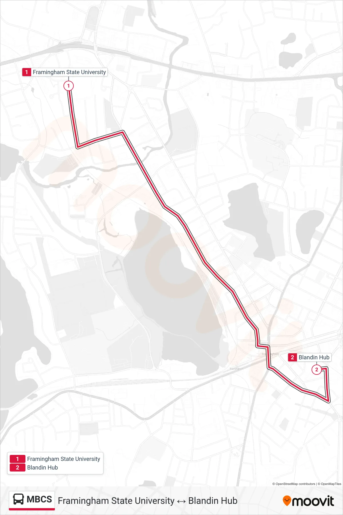 MBCS bus Line (Framingham State University→Blandin Hub) route and stops on a map