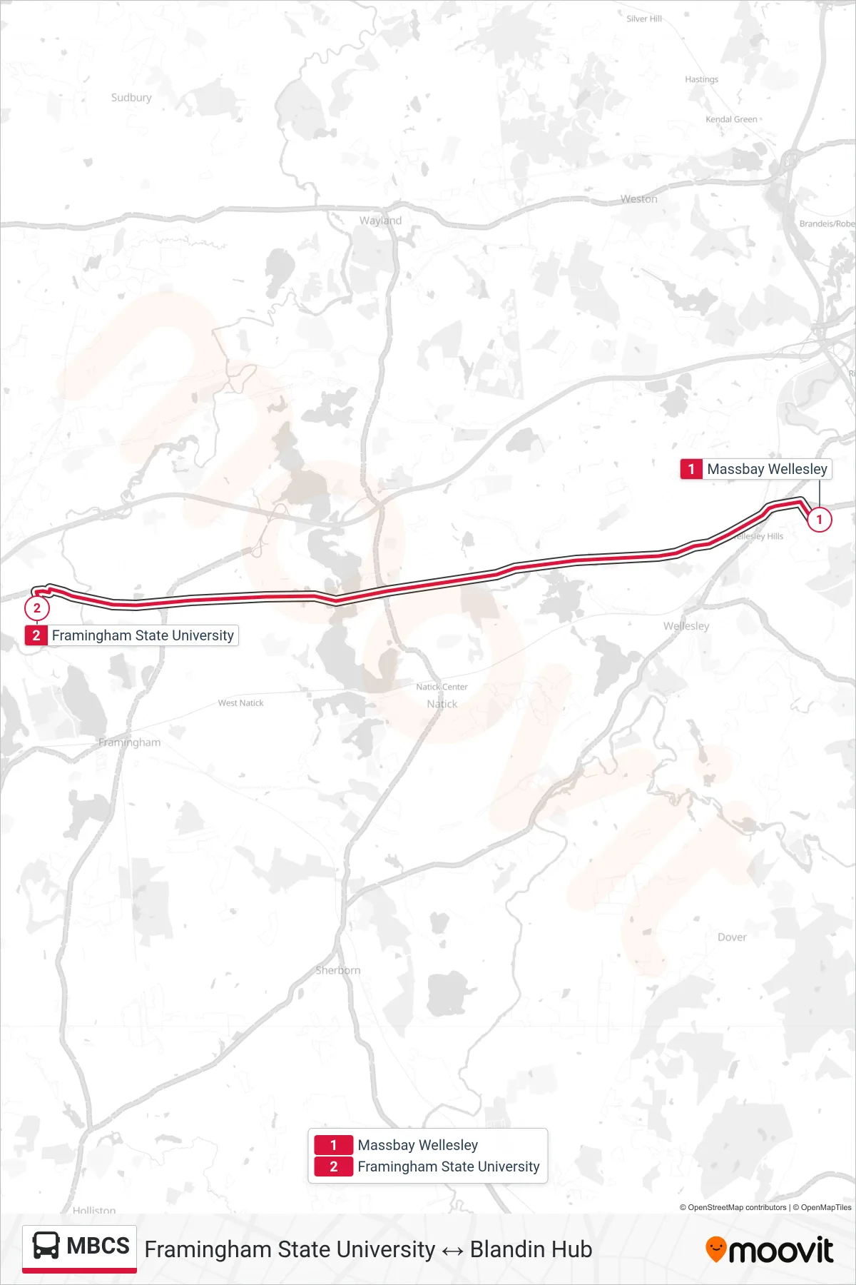 MBCS bus Line (Massbay Wellesley→Framingham State University) route and stops on a map