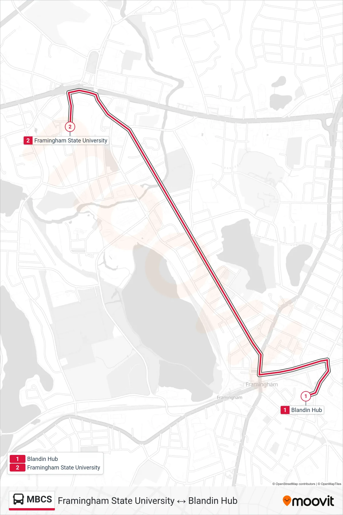 MBCS bus Line (Blandin Hub→Framingham State University) route and stops on a map