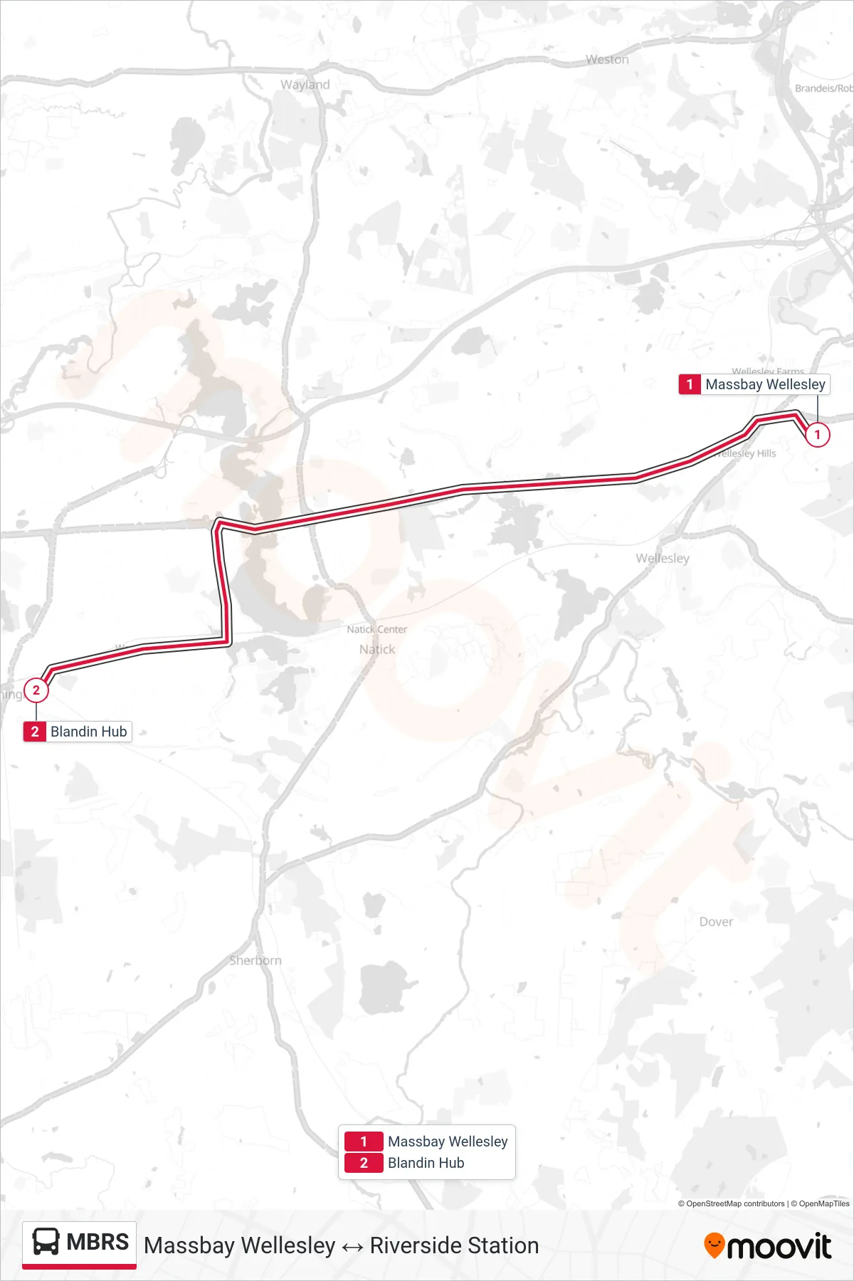 MBRS bus Line (Massbay Wellesley→Blandin Hub) route and stops on a map