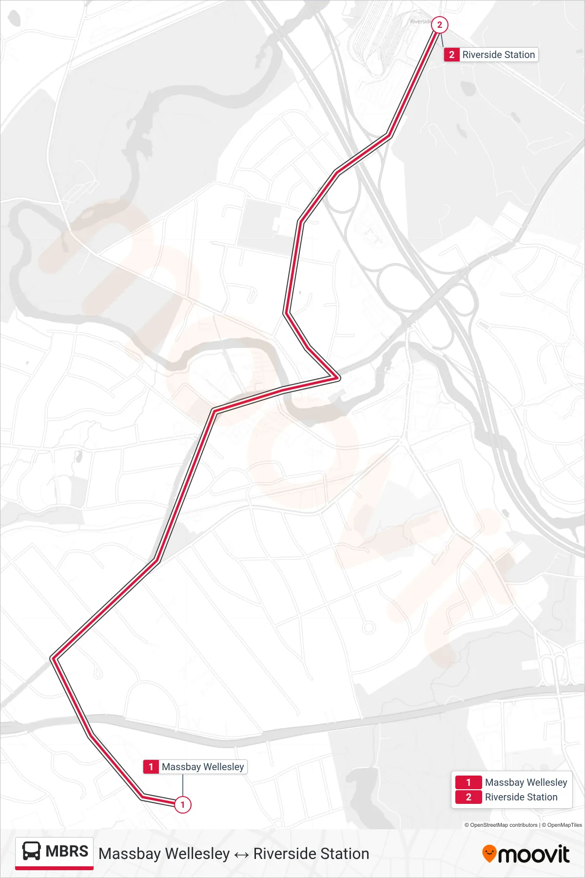 MBRS bus Line (Massbay Wellesley‎→Riverside Station) route and stops on a map