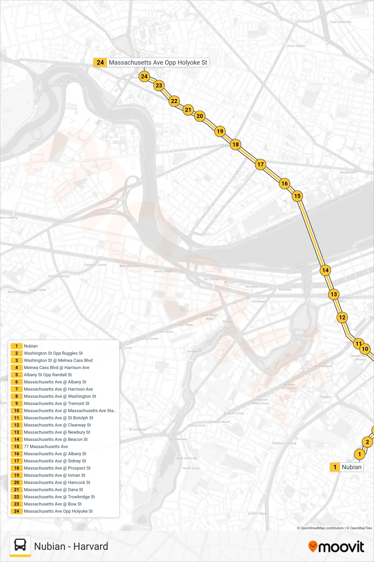 1 bus Line (Harvard) route and stops on a map