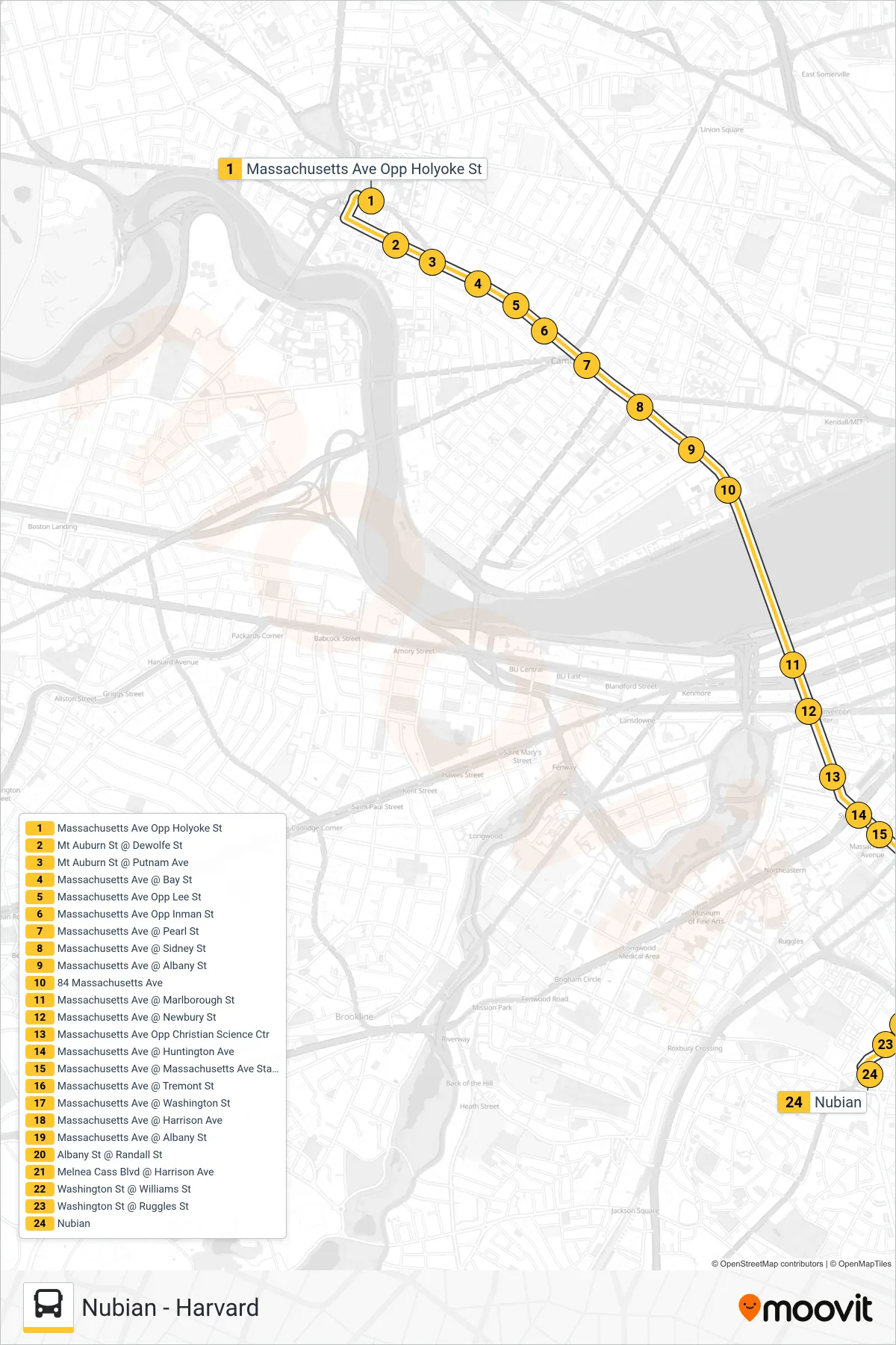1 bus Line (Nubian) route and stops on a map