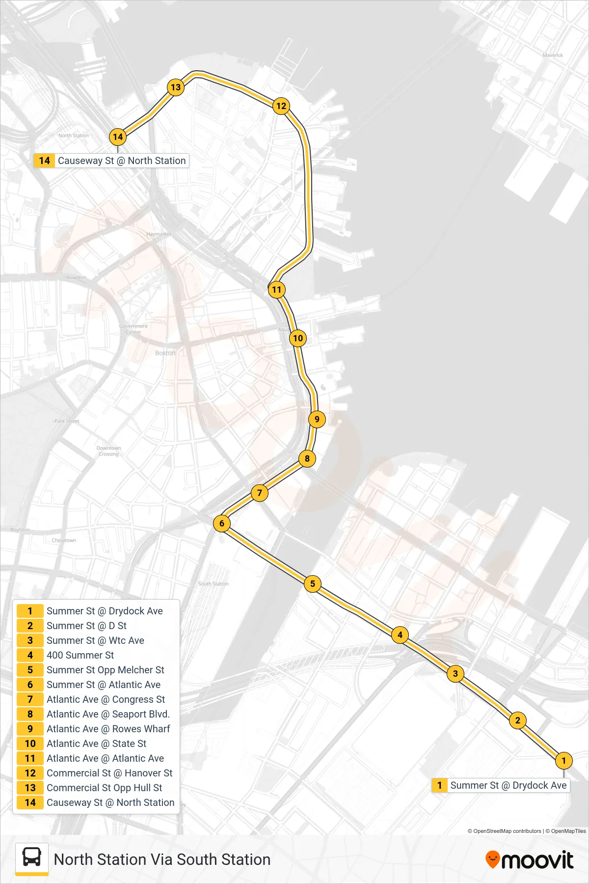 4 bus Line (North Station Via South Station) route and stops on a map
