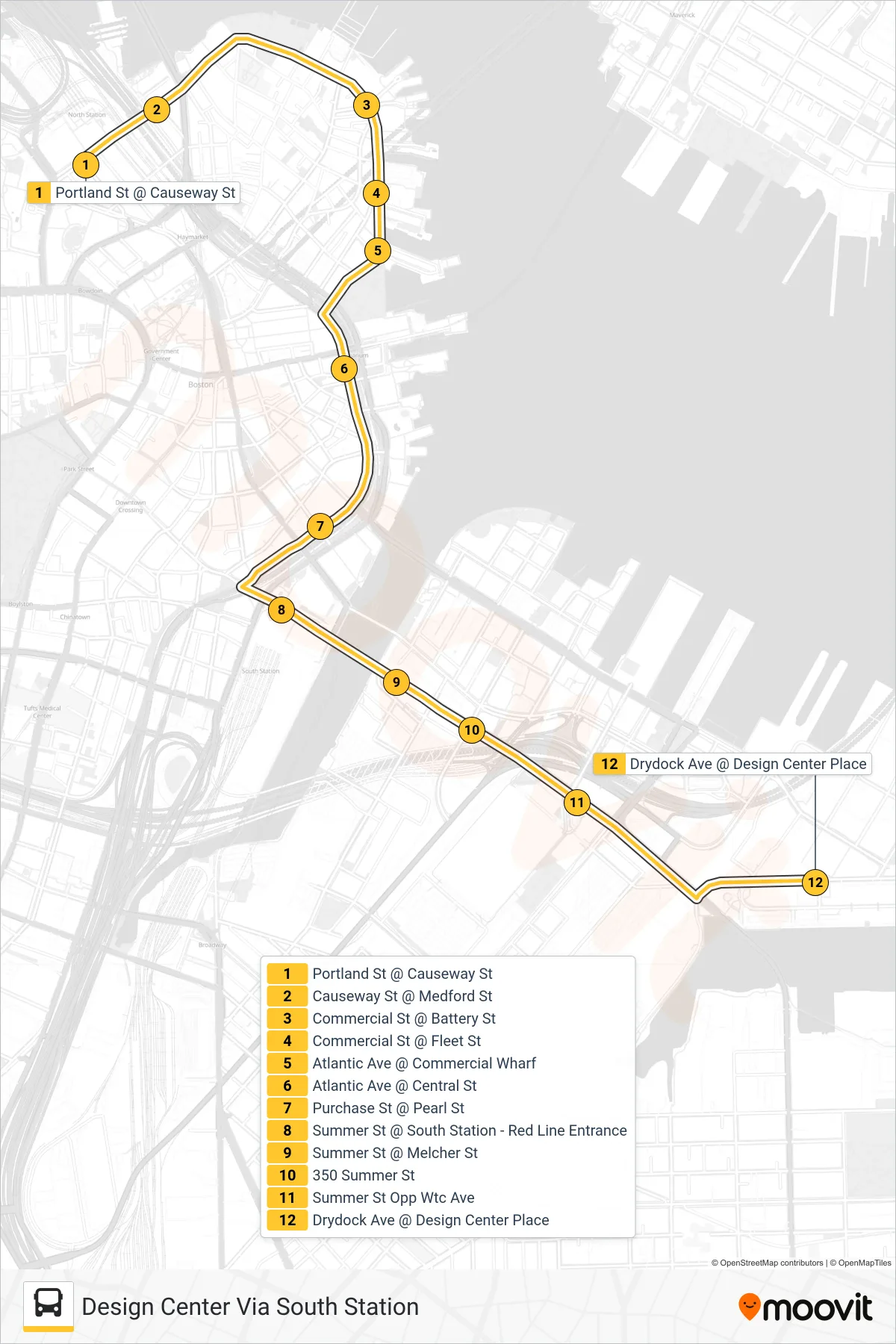 4 bus Line (Design Center Via South Station) route and stops on a map