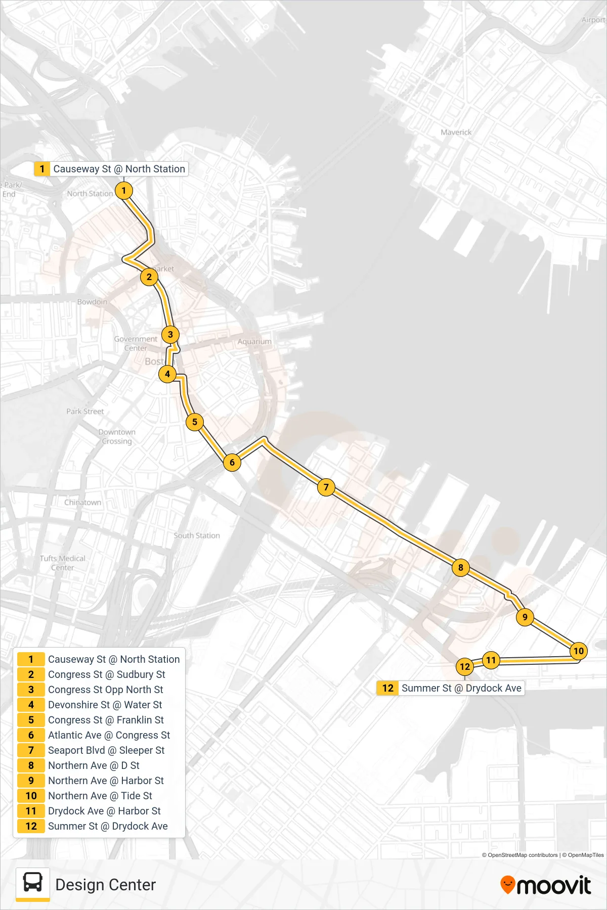 4 bus Line (Design Center) route and stops on a map